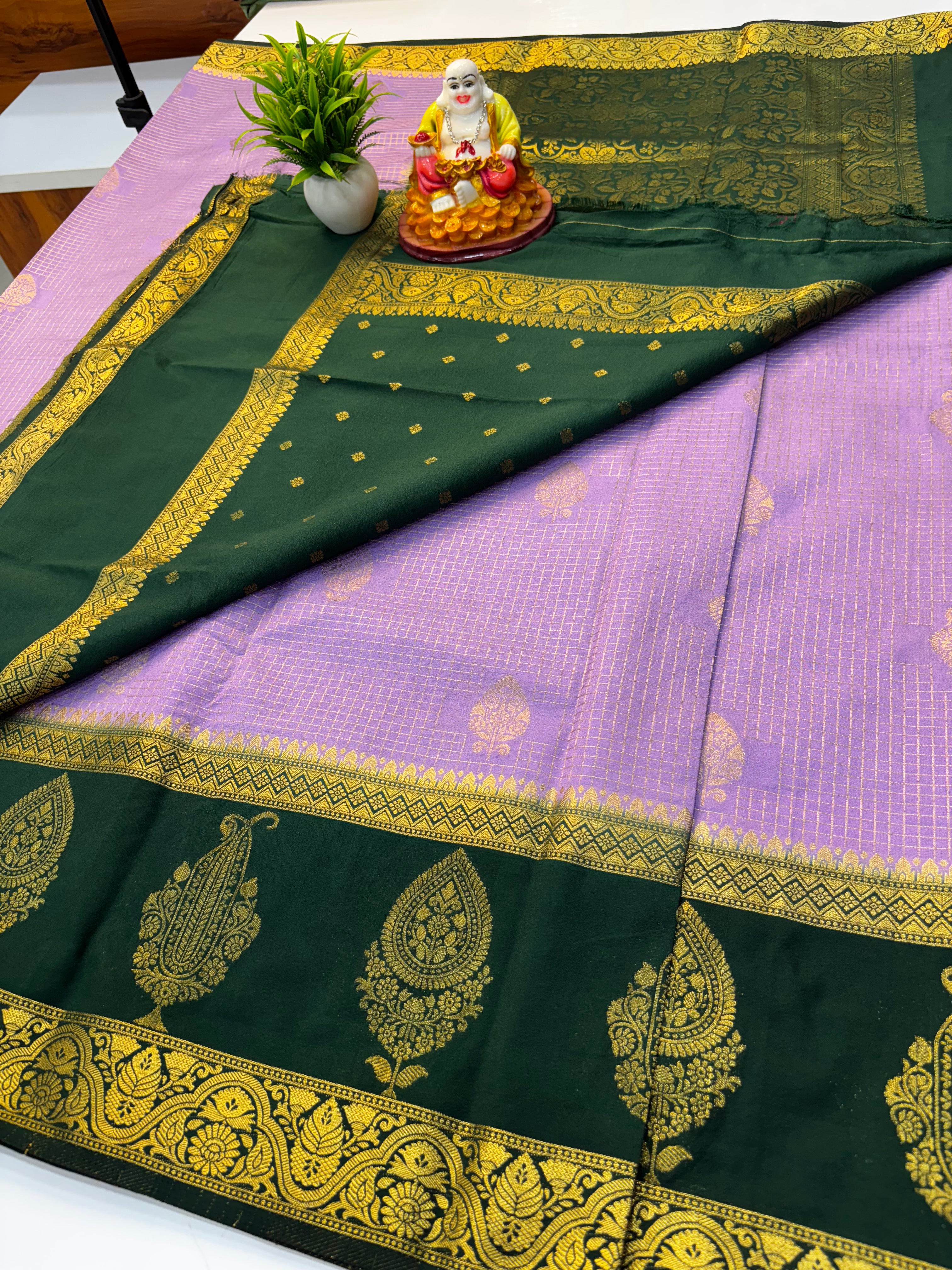 Premium Georgette Saree with Checks Pattern, Leaf & Mango Design