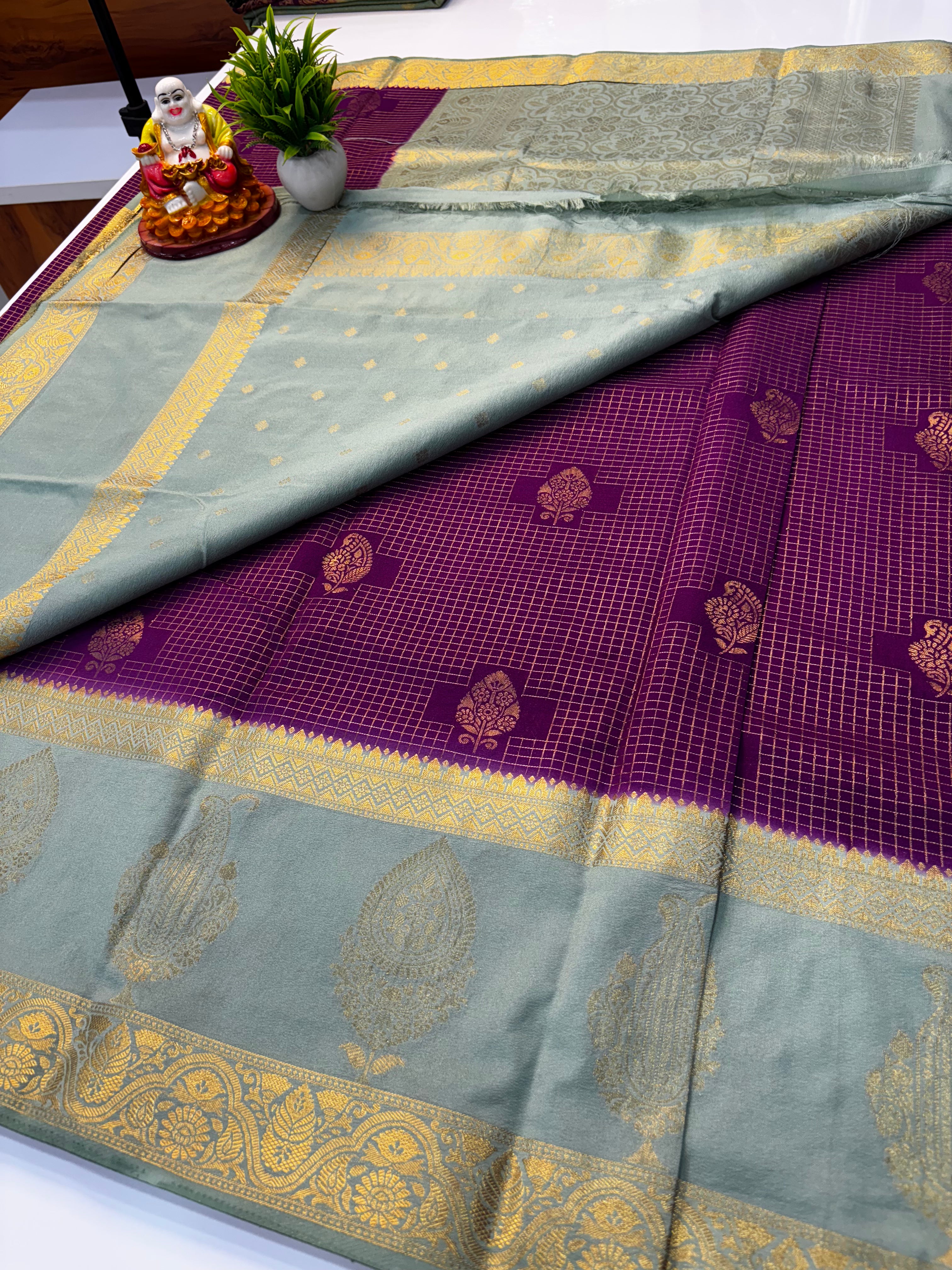 Premium Georgette Saree with Checks Pattern, Leaf & Mango Design