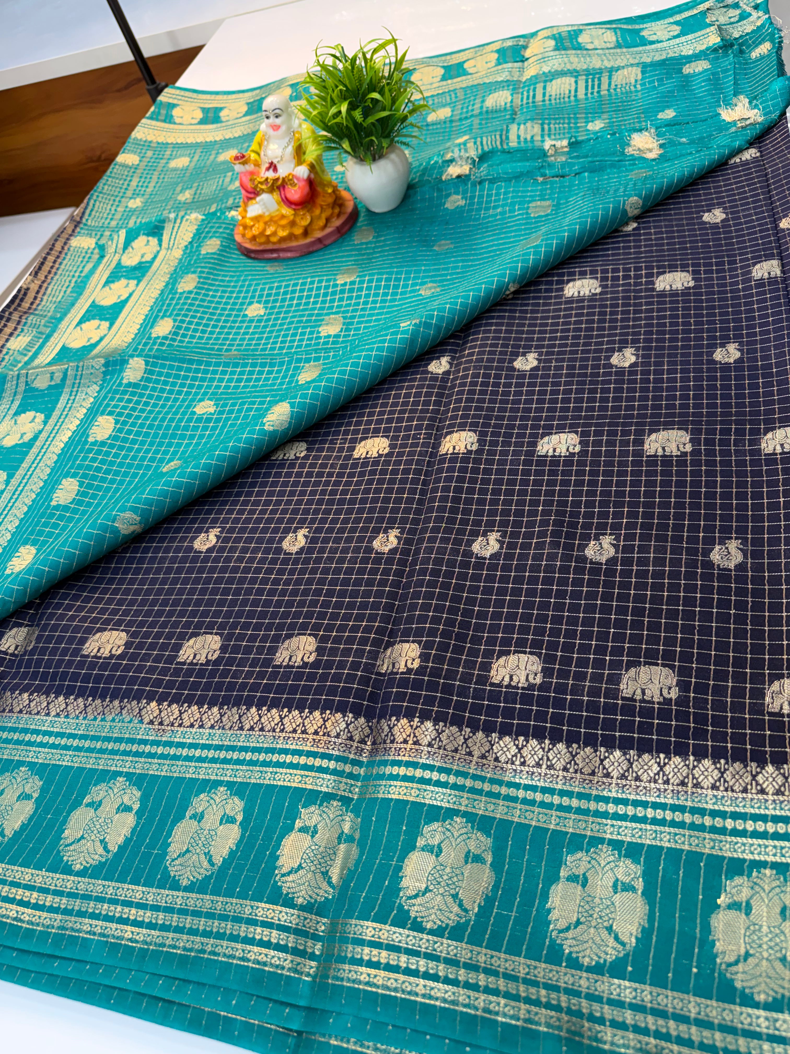 Mysore Crepe Silk Saree with Elephant & Peacock Design…