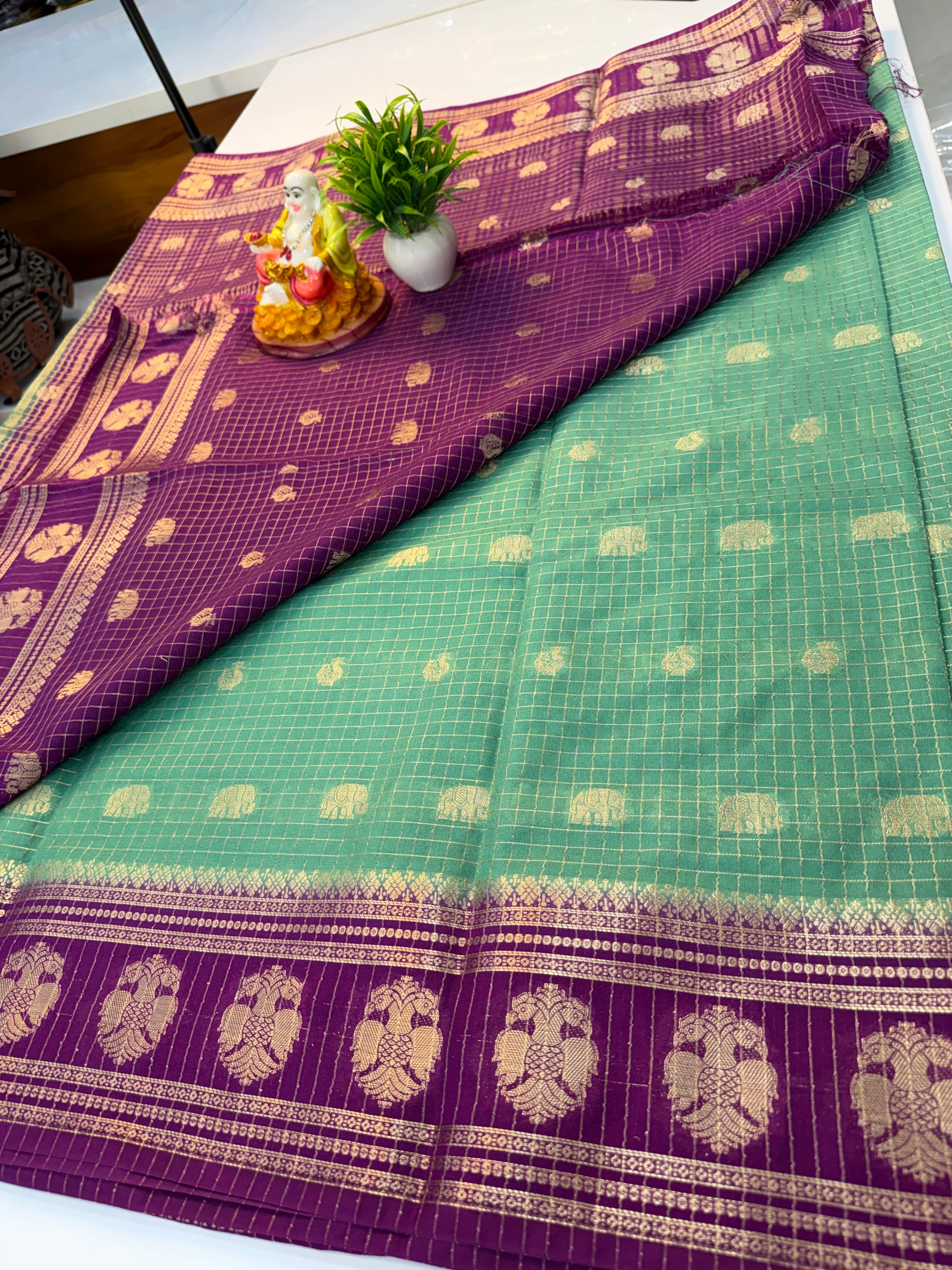 Mysore Crepe Silk Saree with Elephant & Peacock Design…