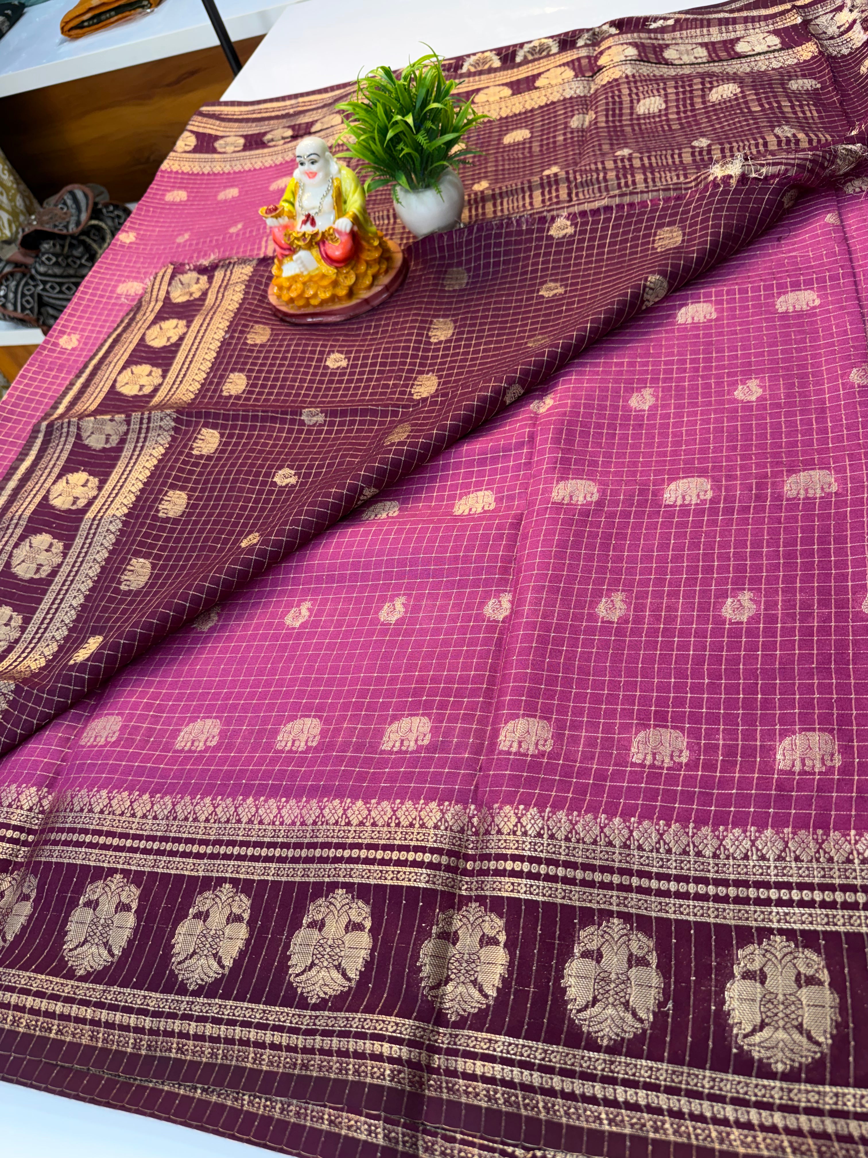 Mysore Crepe Silk Saree with Elephant & Peacock Design…
