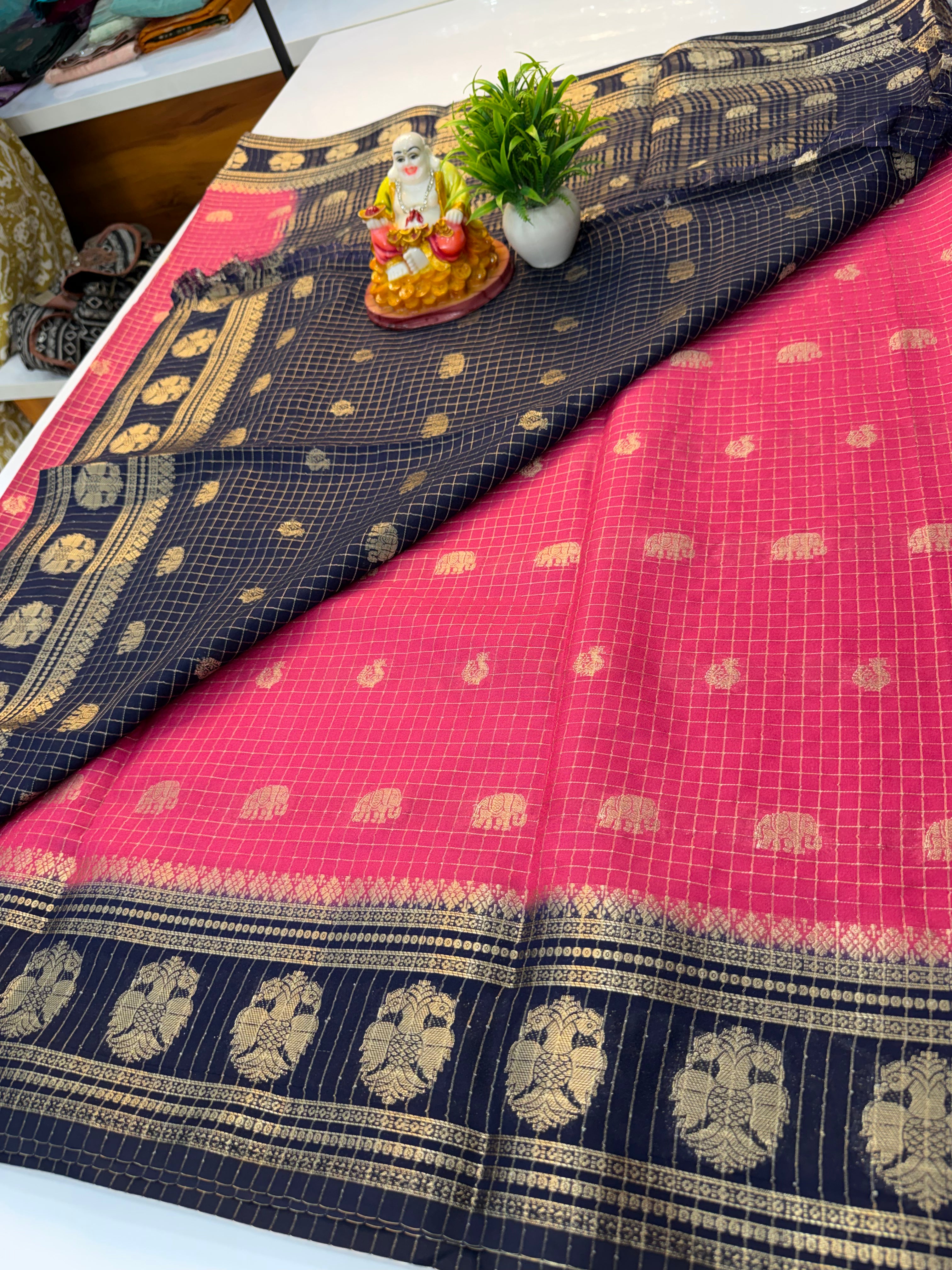 Mysore Crepe Silk Saree with Elephant & Peacock Design…