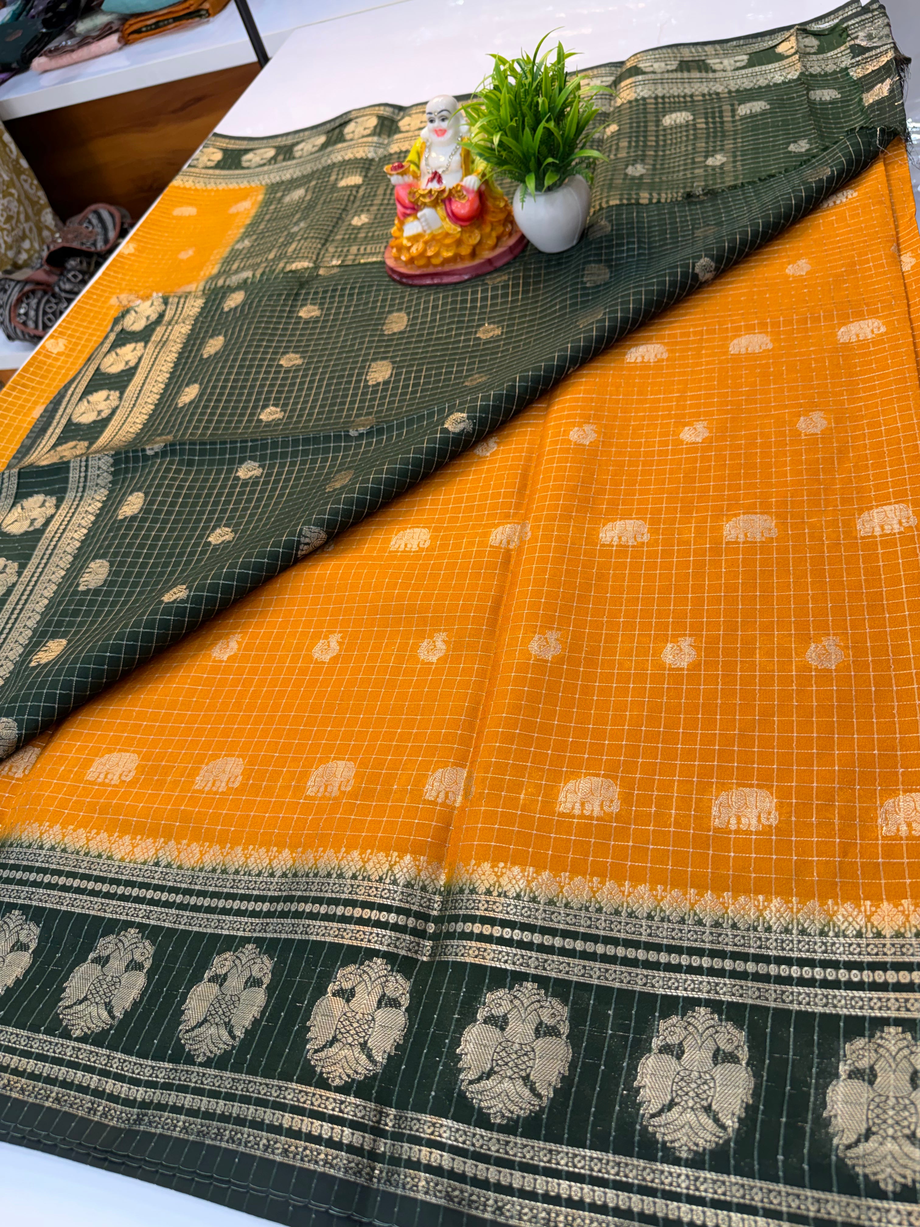 Mysore Crepe Silk Saree with Elephant & Peacock Design…