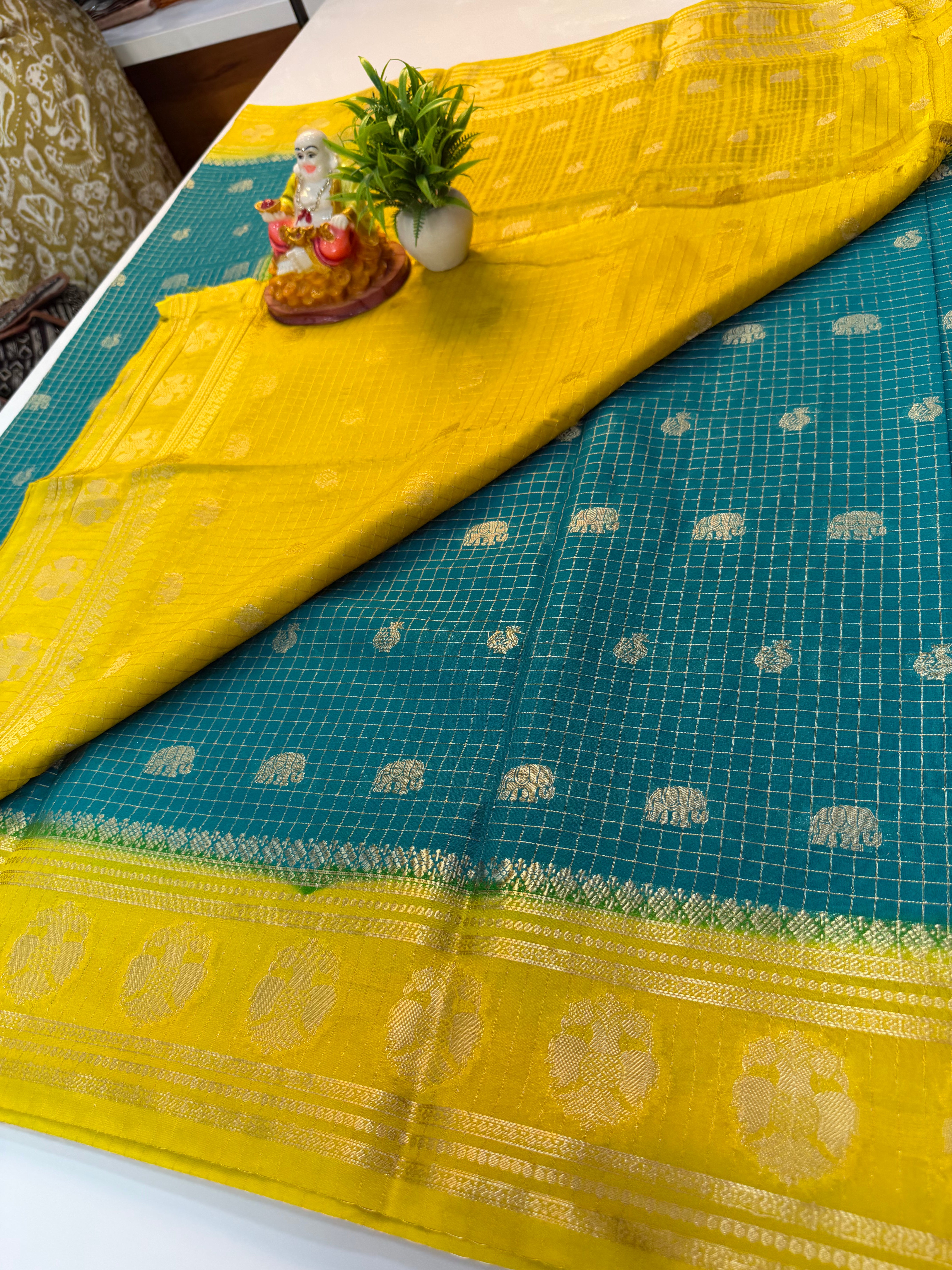 Mysore Crepe Silk Saree with Elephant & Peacock Design…