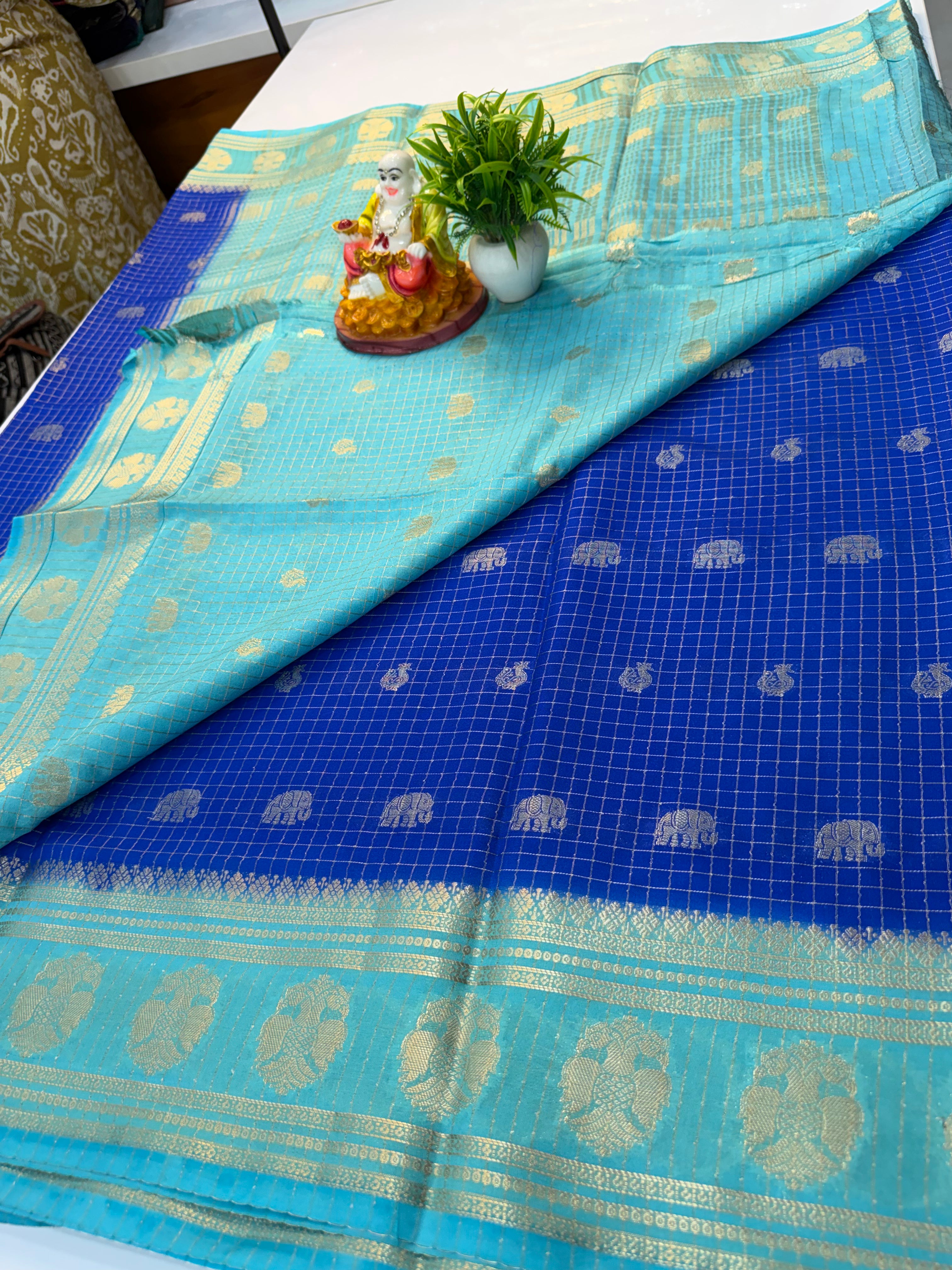 Mysore Crepe Silk Saree with Elephant & Peacock Design…