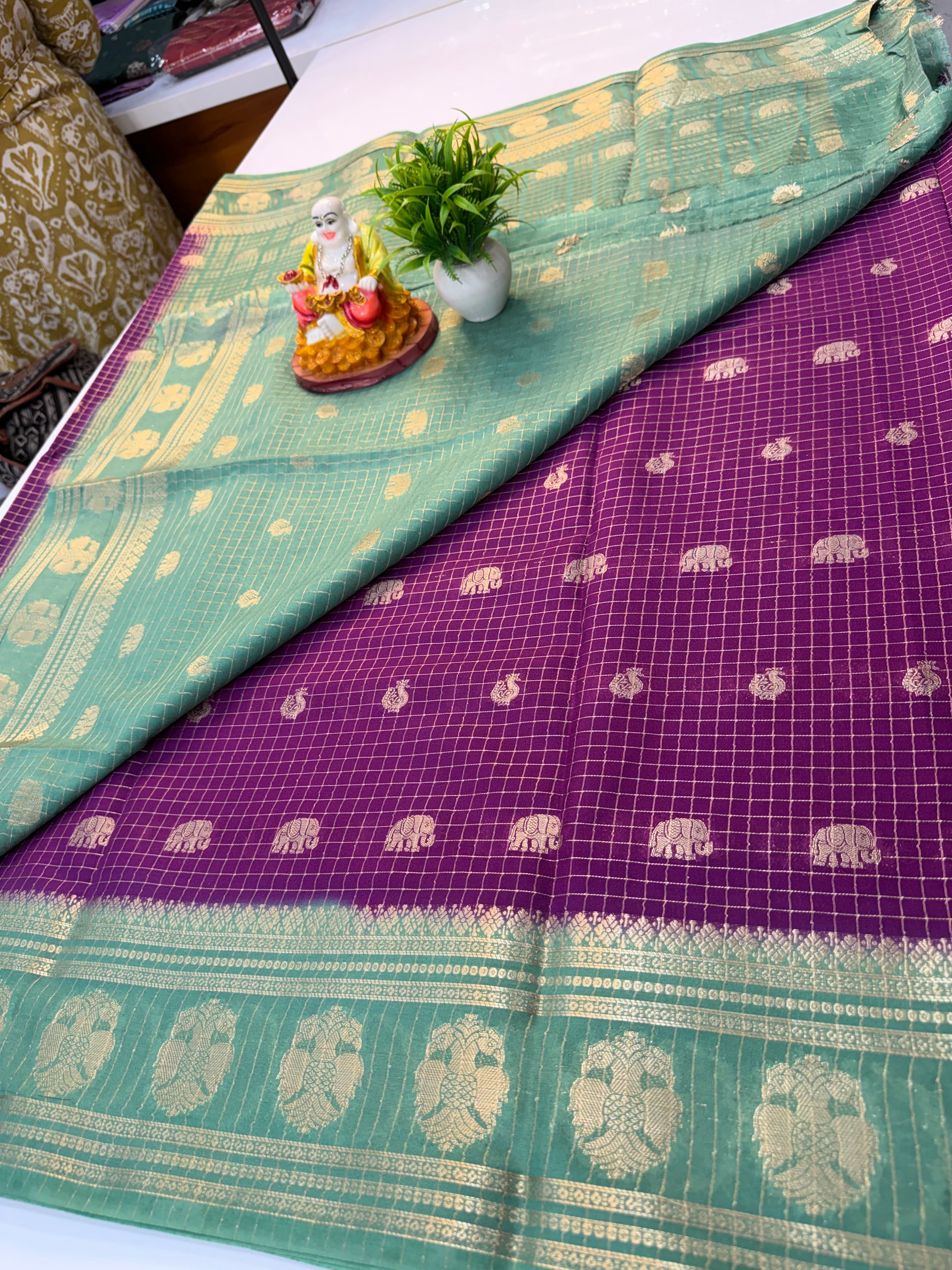 Mysore Crepe Silk Saree with Elephant & Peacock Design…