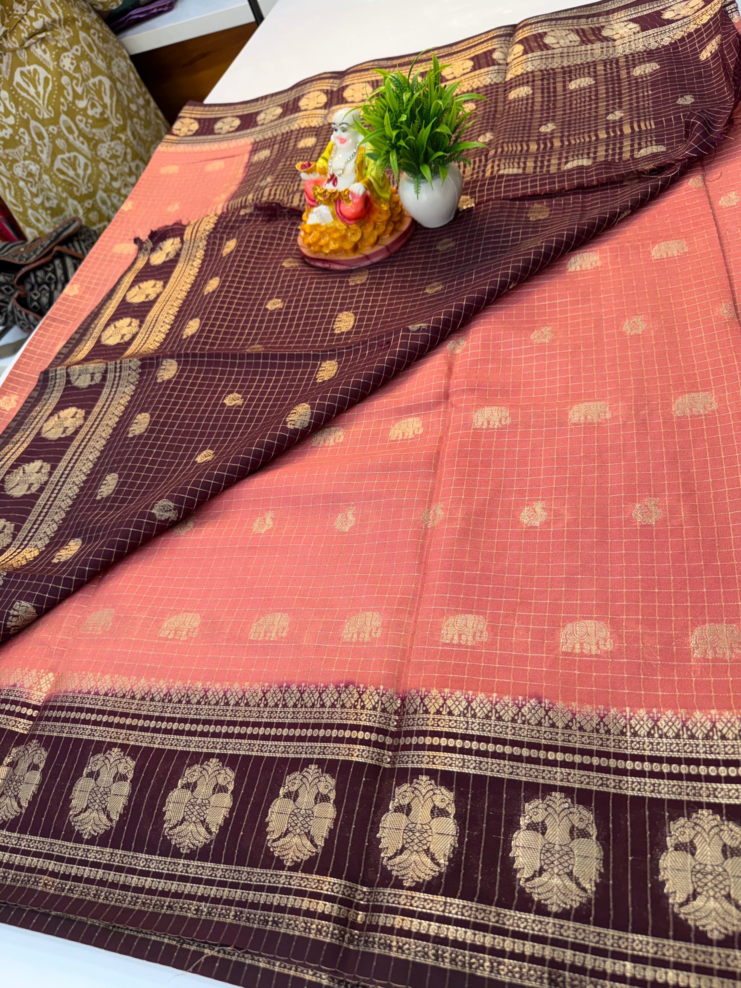 Mysore Crepe Silk Saree with Elephant & Peacock Design…