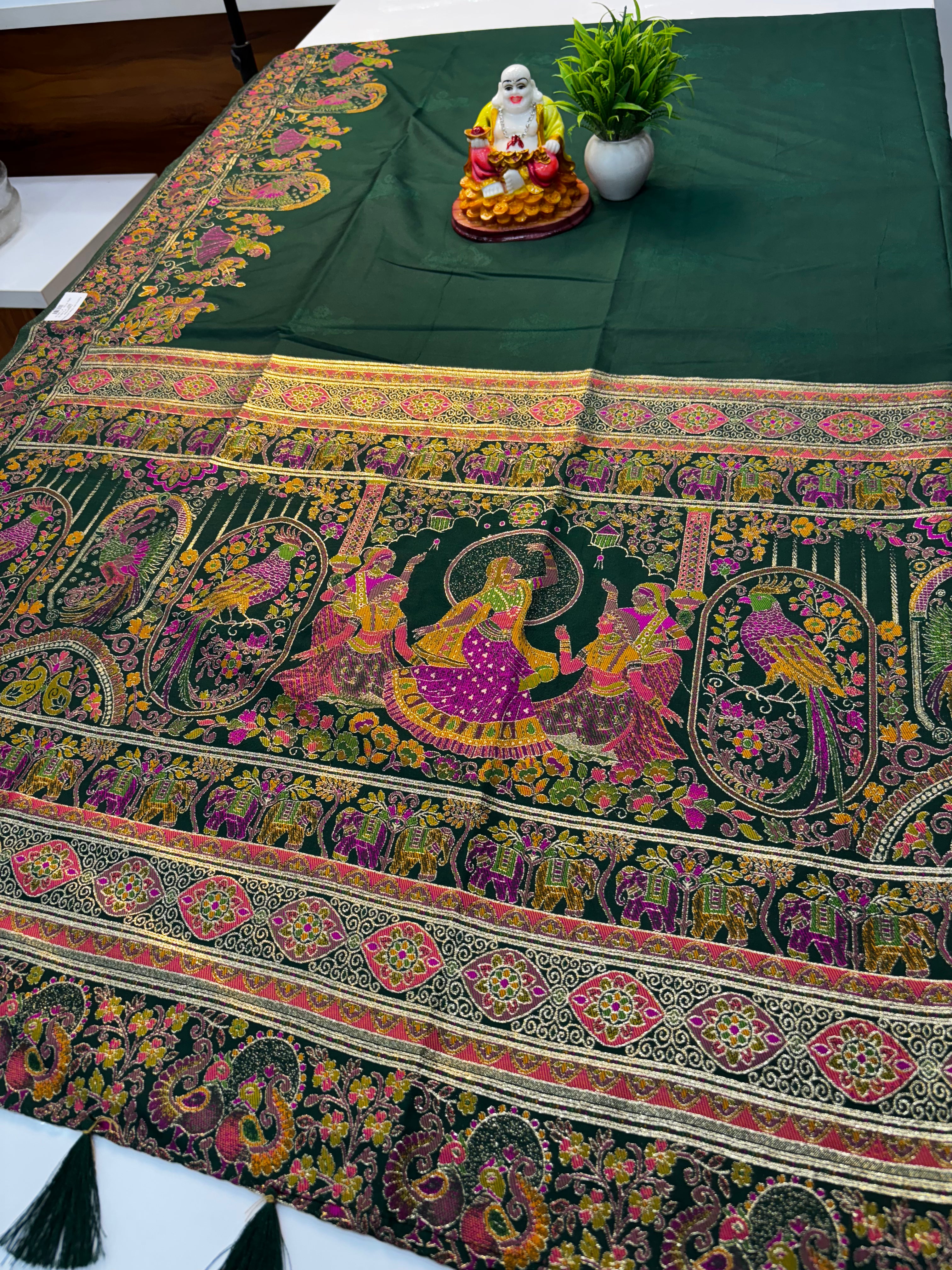 Premium Semi Silk Saree with Pashmina Design & Dancing Doll Concept  Elevate your ethnic wardrobe with this exquisite premium semi silk saree, beautifully