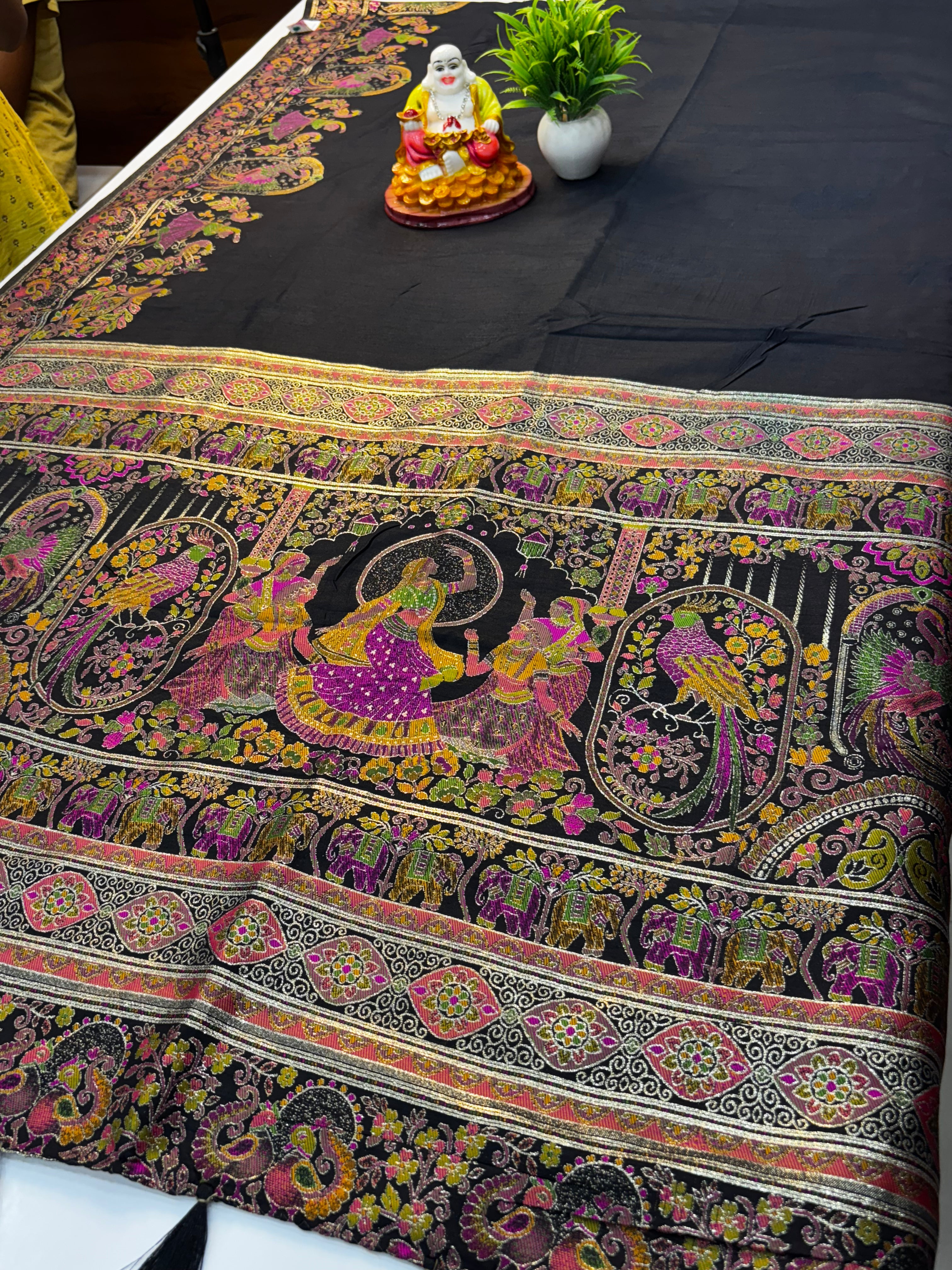Premium Semi Silk Saree with Pashmina Design & Dancing Doll Concept  Elevate your ethnic wardrobe with this exquisite premium semi silk saree, beautifully