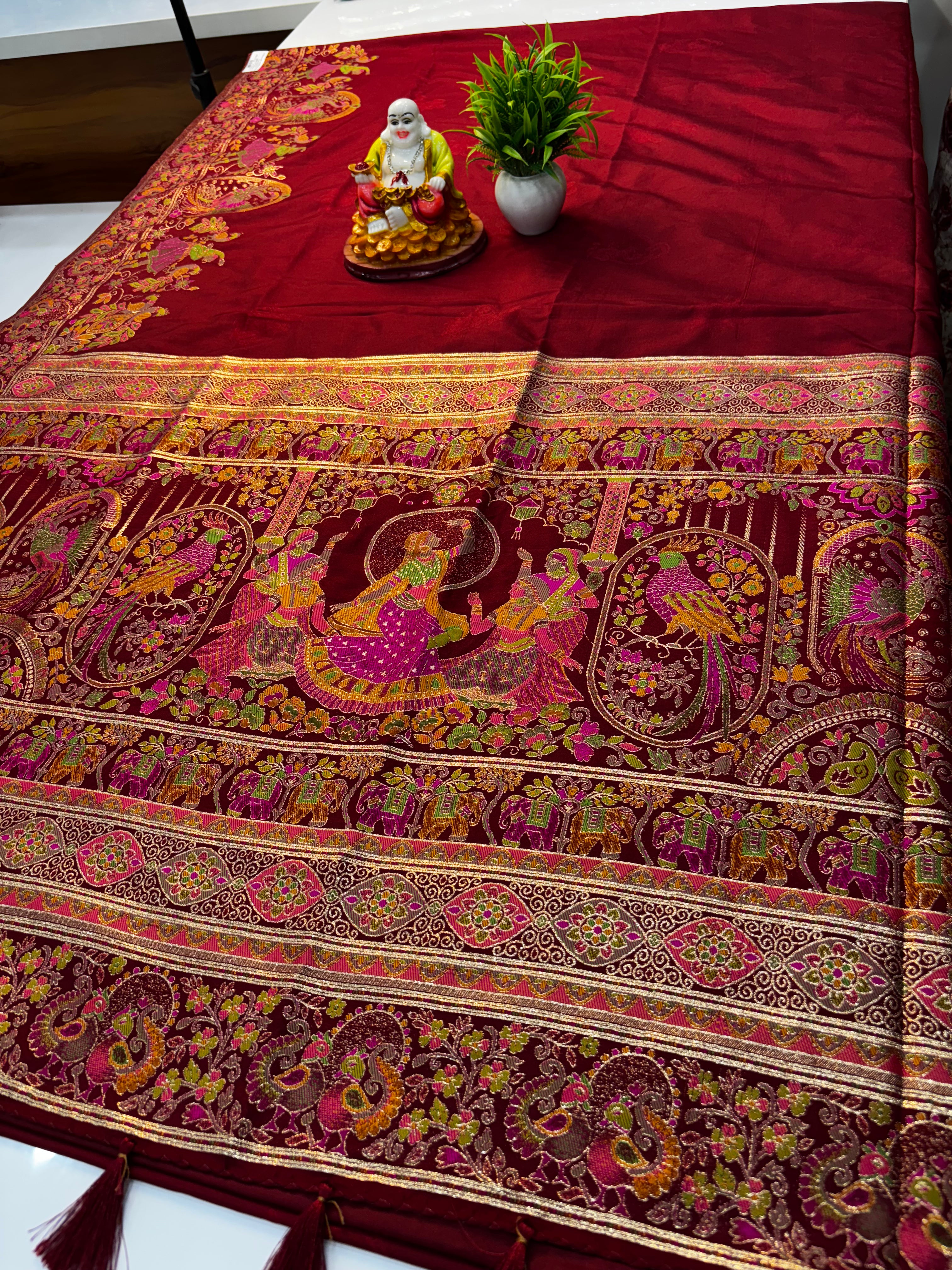 Premium Semi Silk Saree with Pashmina Design & Dancing Doll Concept  Elevate your ethnic wardrobe with this exquisite premium semi silk saree, beautifully