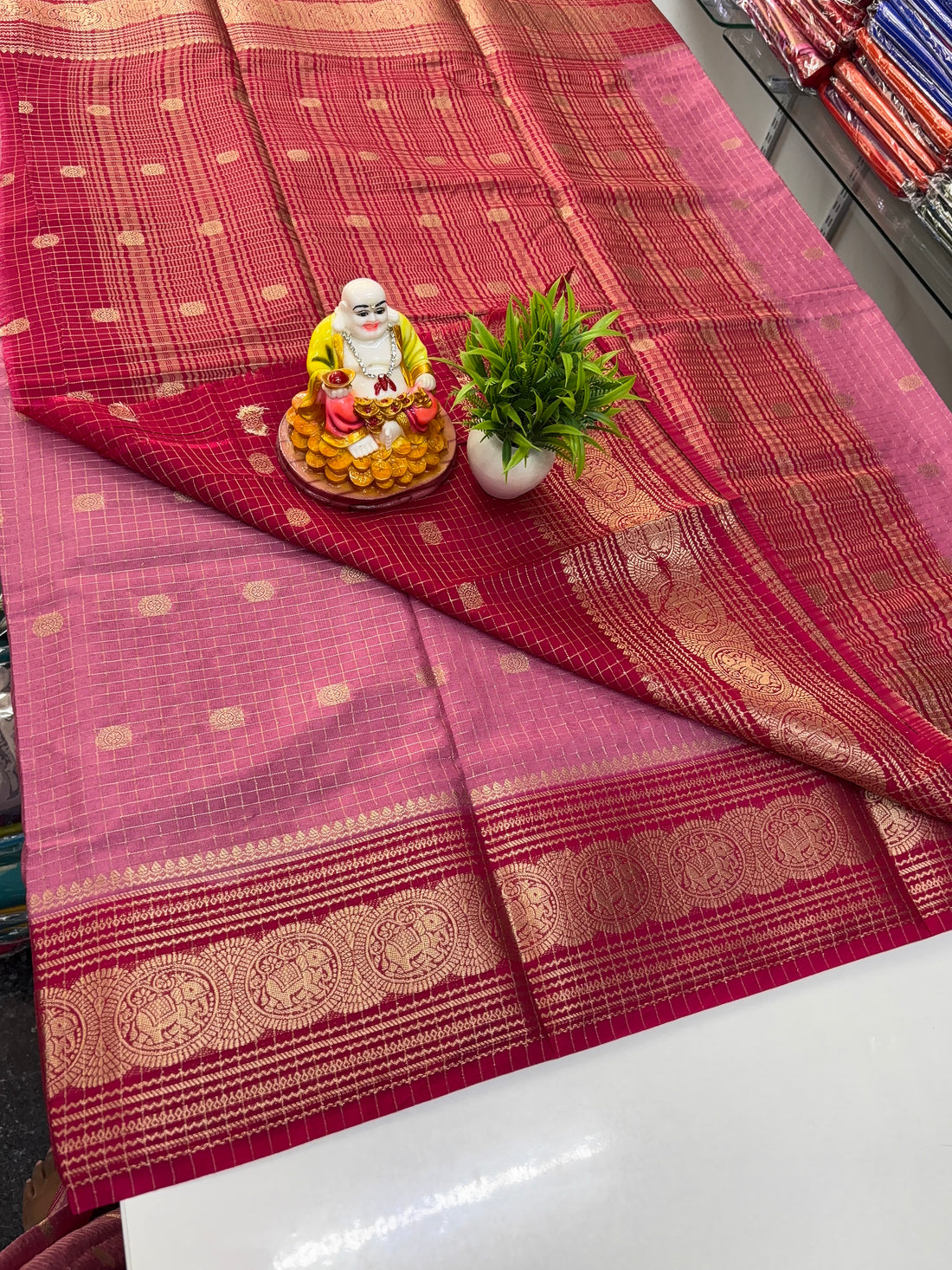 Mysore Crepe Silk Saree with Elegant Elephant Theme, Checks &amp; Buttas with Rich Pallu