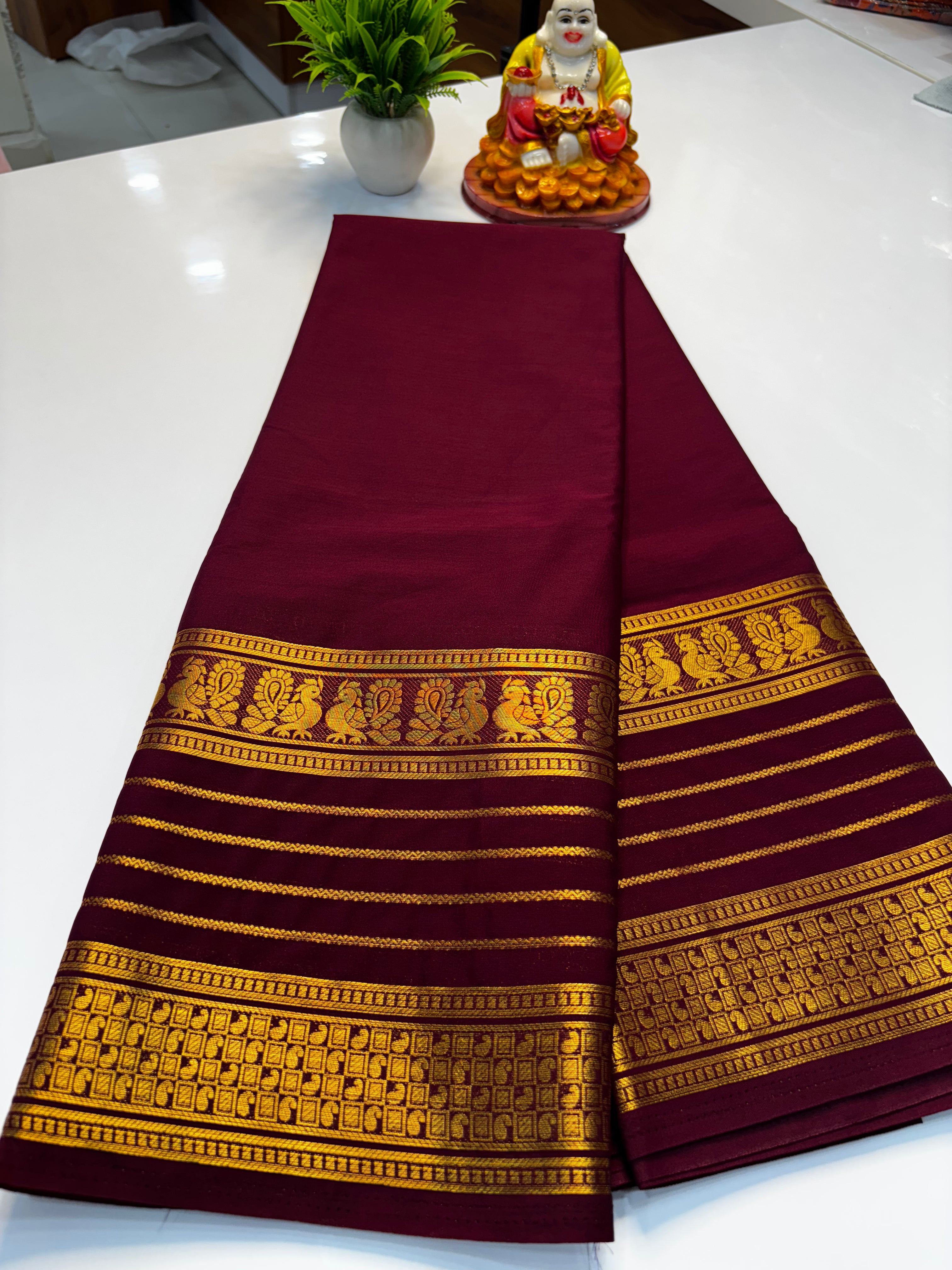 Mysore Crepe Silk Saree with Peacock Border & Rich Pallu