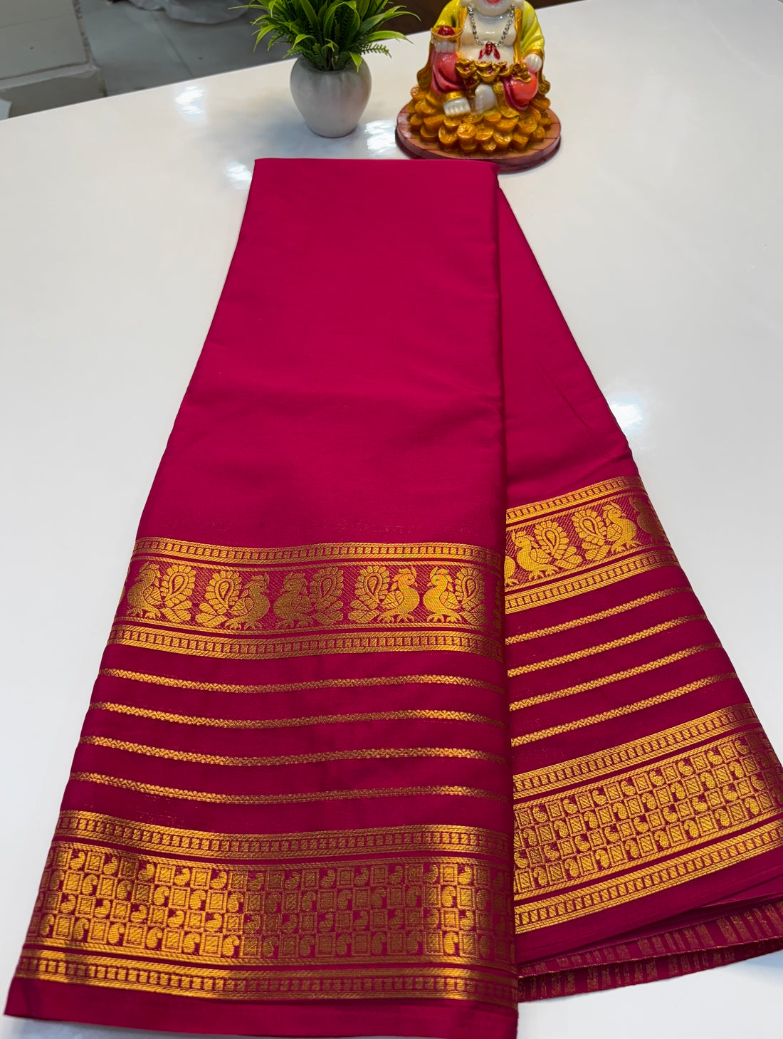 Mysore Crepe Silk Saree with Peacock Border & Rich Pallu