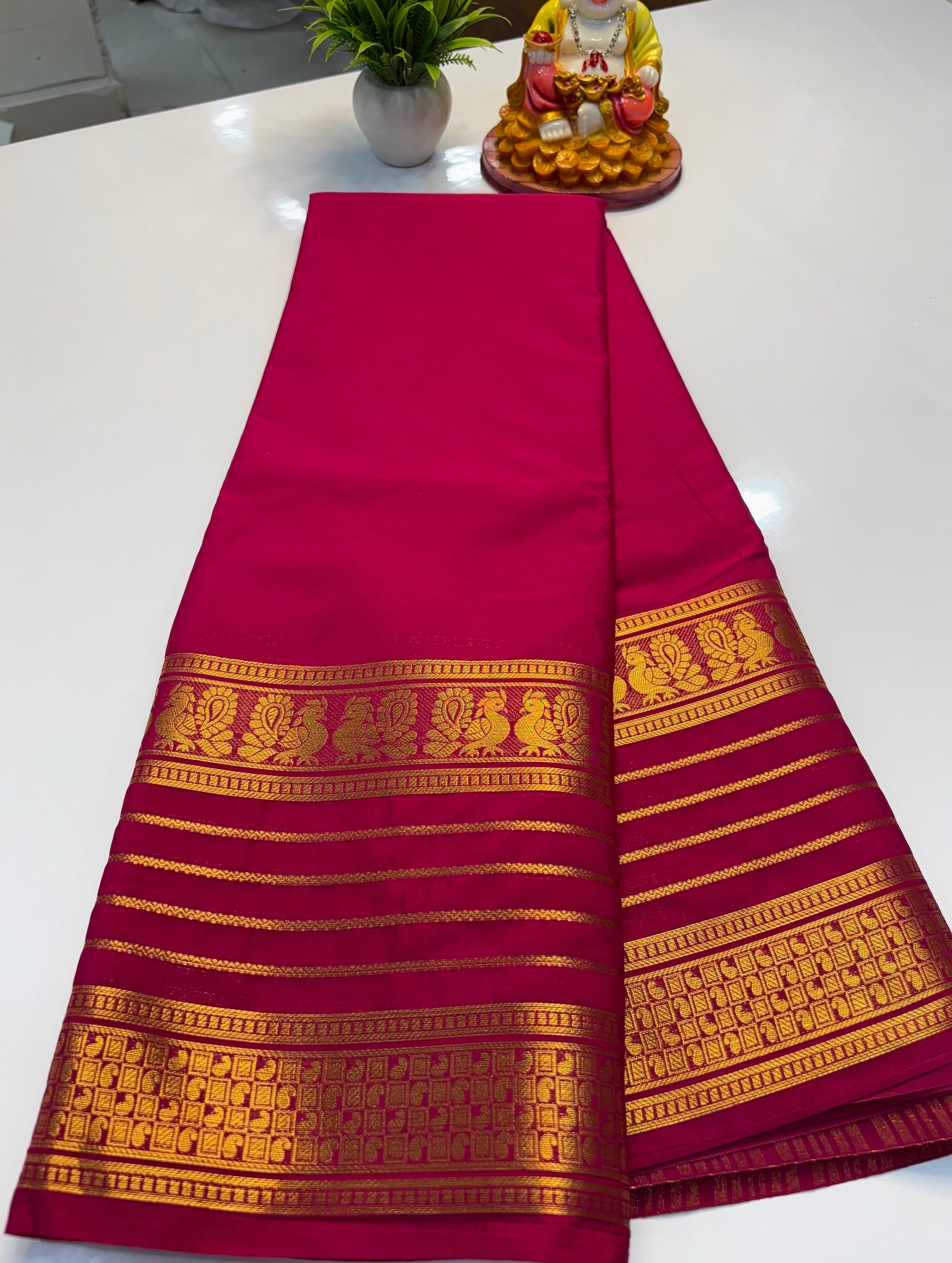 Mysore Crepe Silk Saree with Peacock Border & Rich Pallu