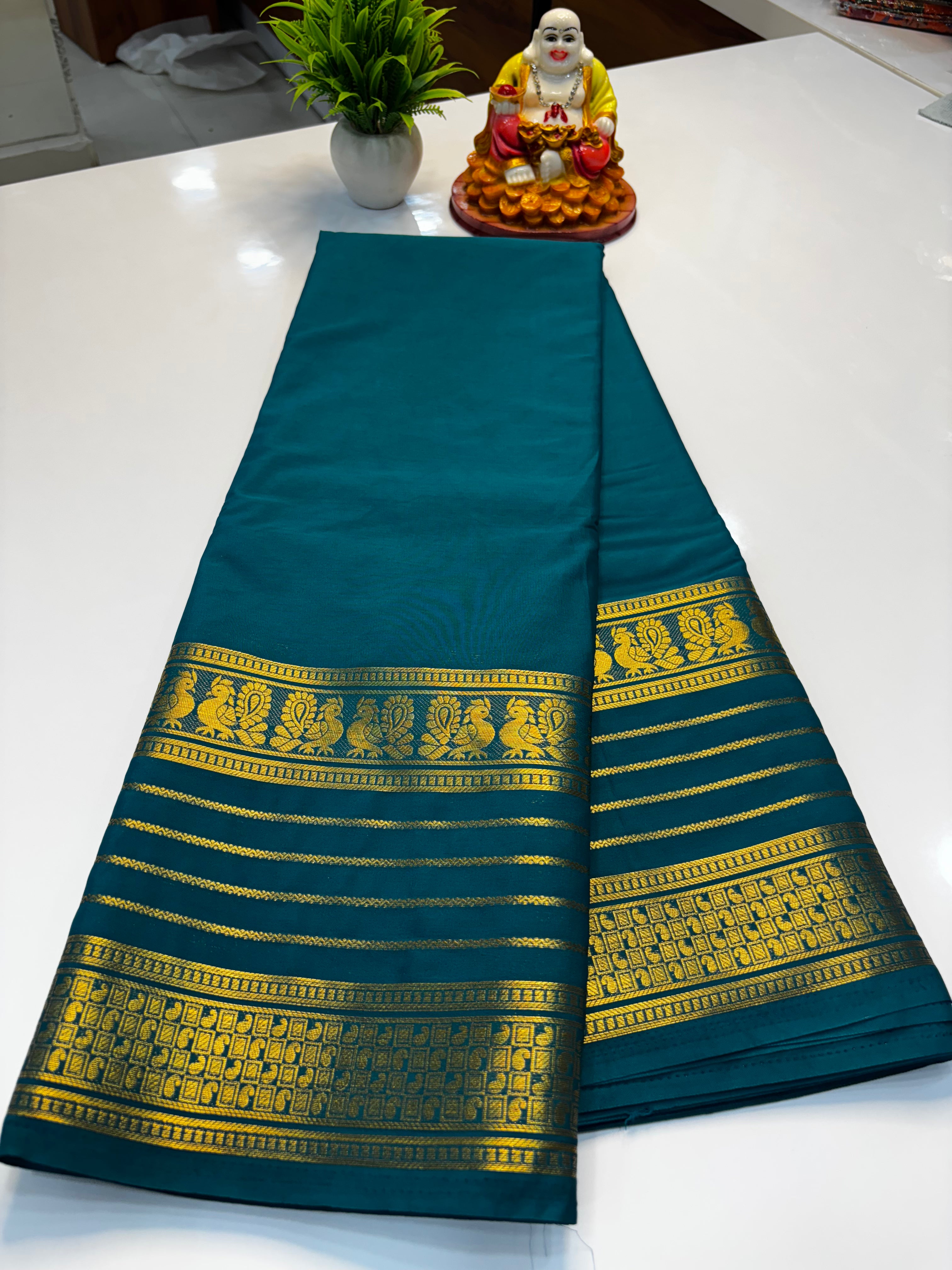 Mysore Crepe Silk Saree with Peacock Border & Rich Pallu