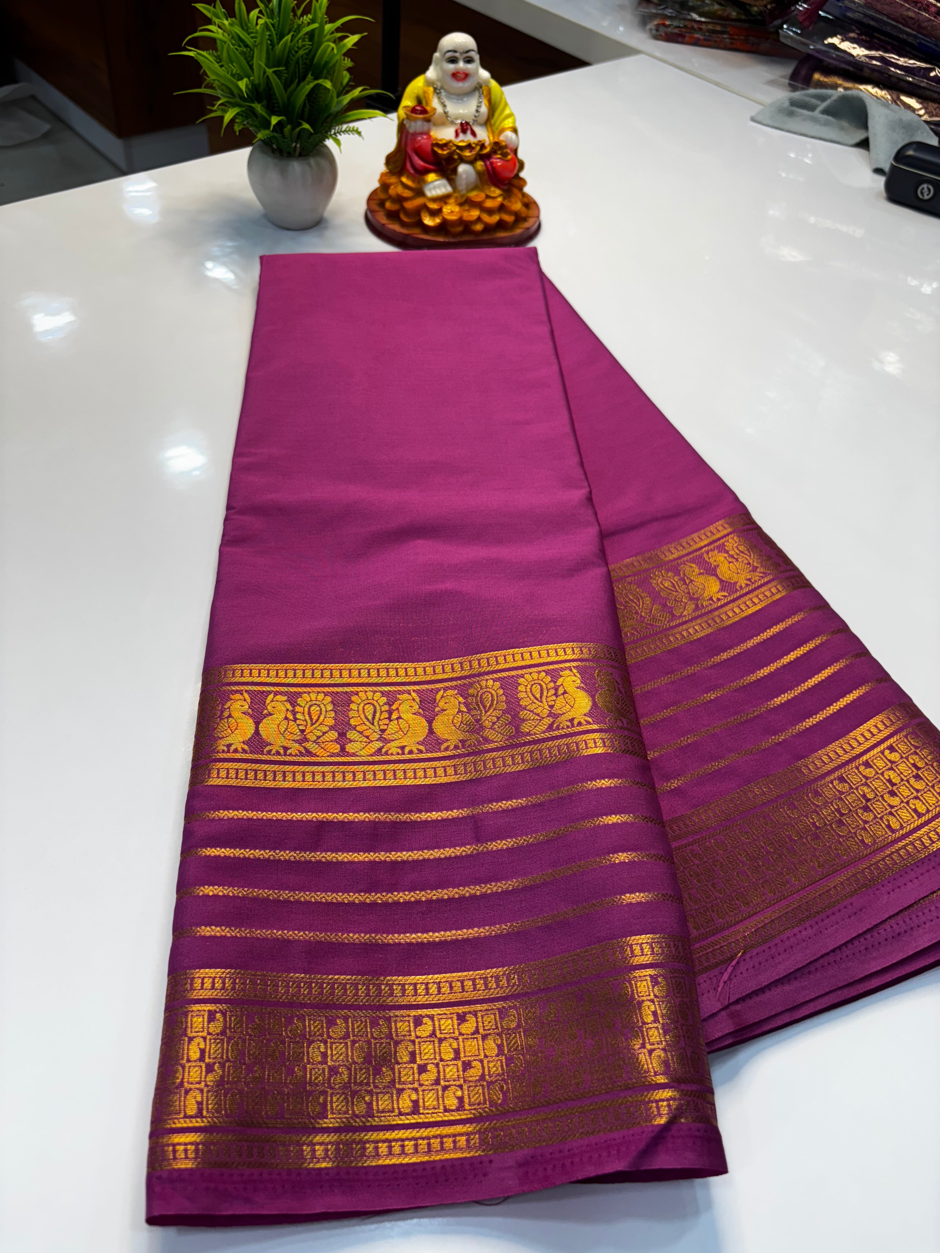 Mysore Crepe Silk Saree with Peacock Border & Rich Pallu
