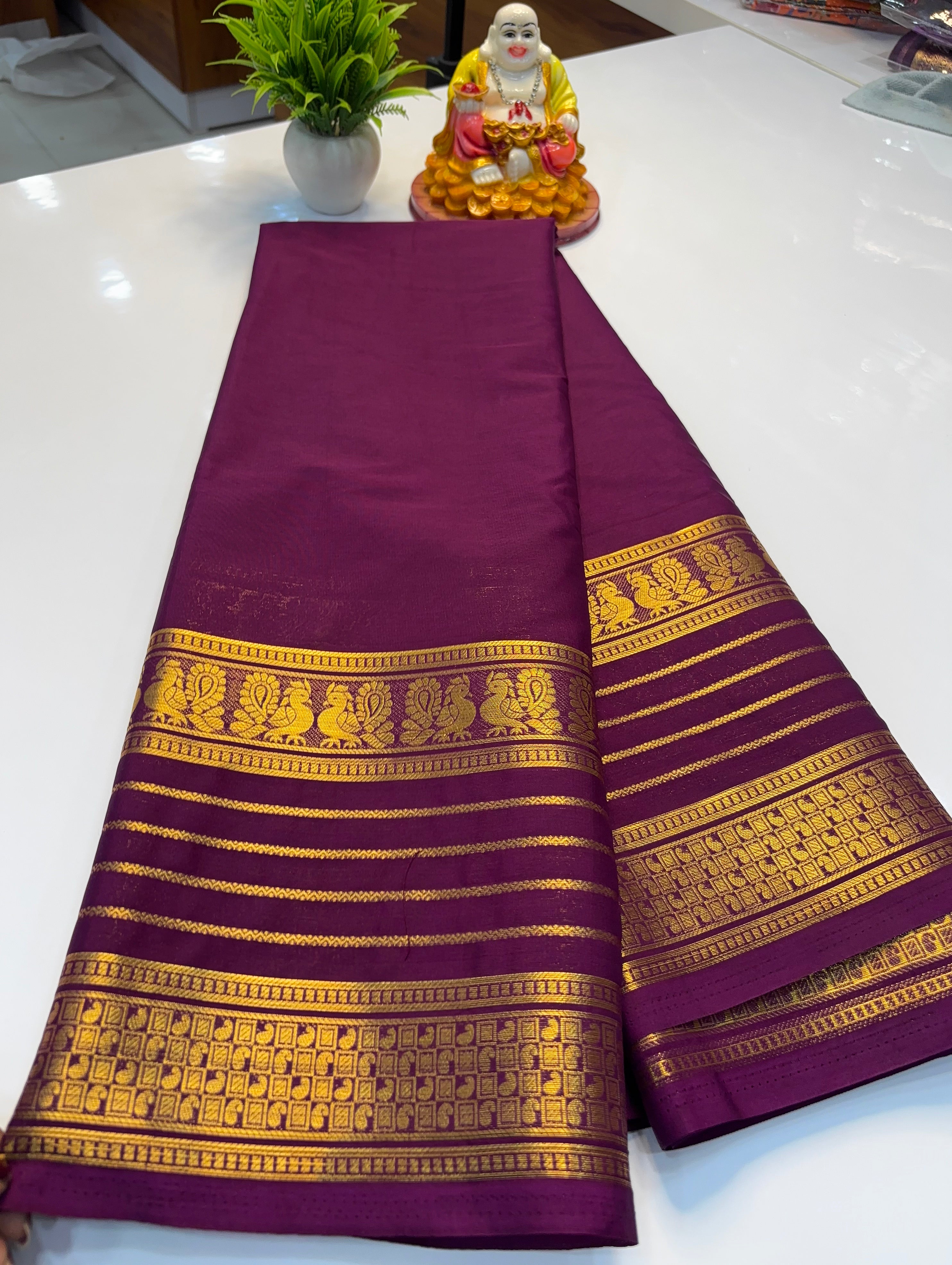 Mysore Crepe Silk Saree with Peacock Border & Rich Pallu