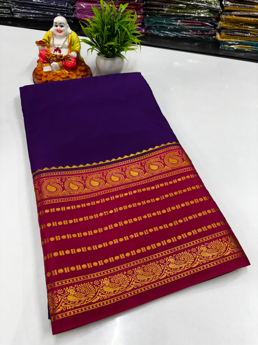 🌸 Mysore Crepe Silk Saree with Mango &amp; Peacock Border 🌸