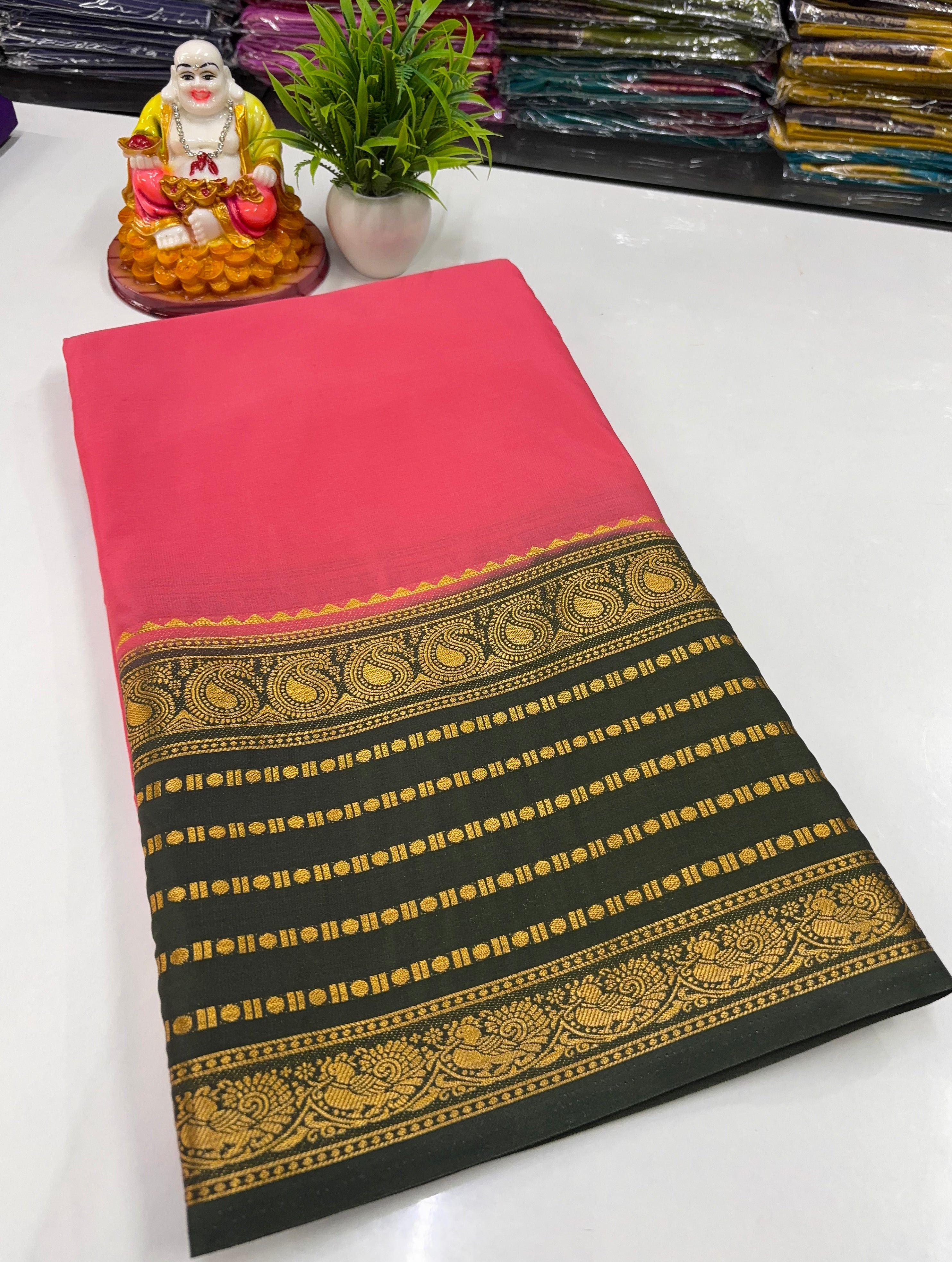 🌸 Mysore Crepe Silk Saree with Mango &amp; Peacock Border 🌸