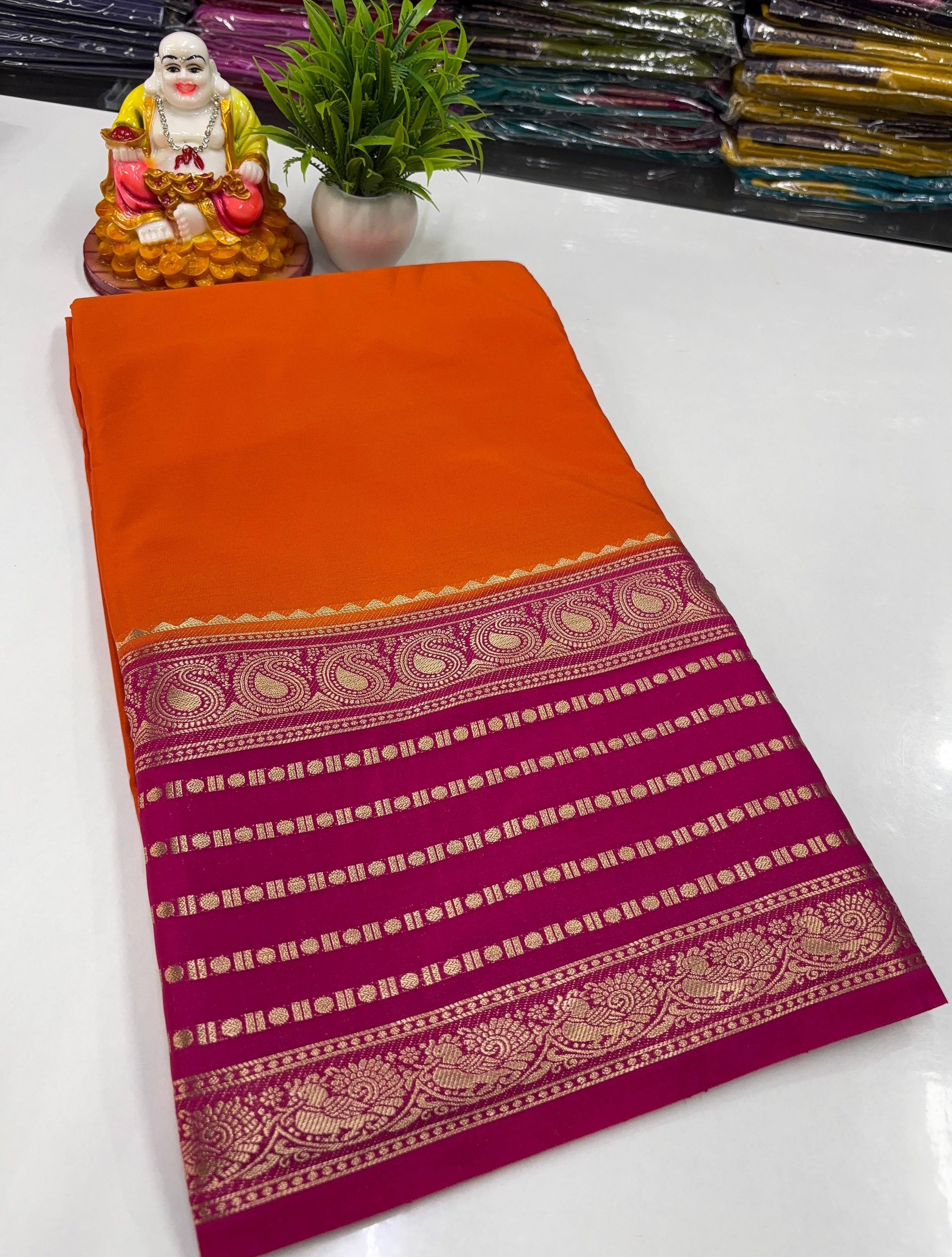 🌸 Mysore Crepe Silk Saree with Mango &amp; Peacock Border 🌸