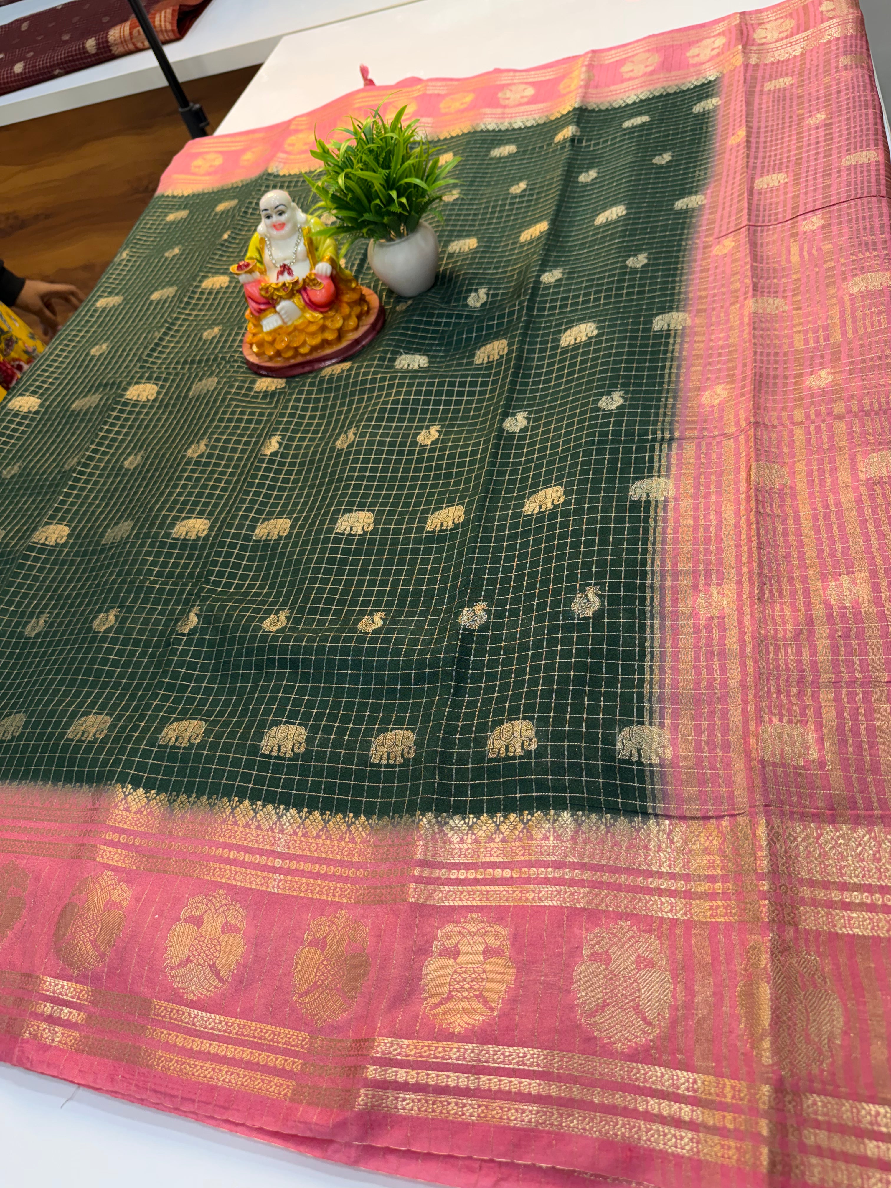 Mysore Crepe Silk Saree with Checks & Elephant-Peacock Buttas…….