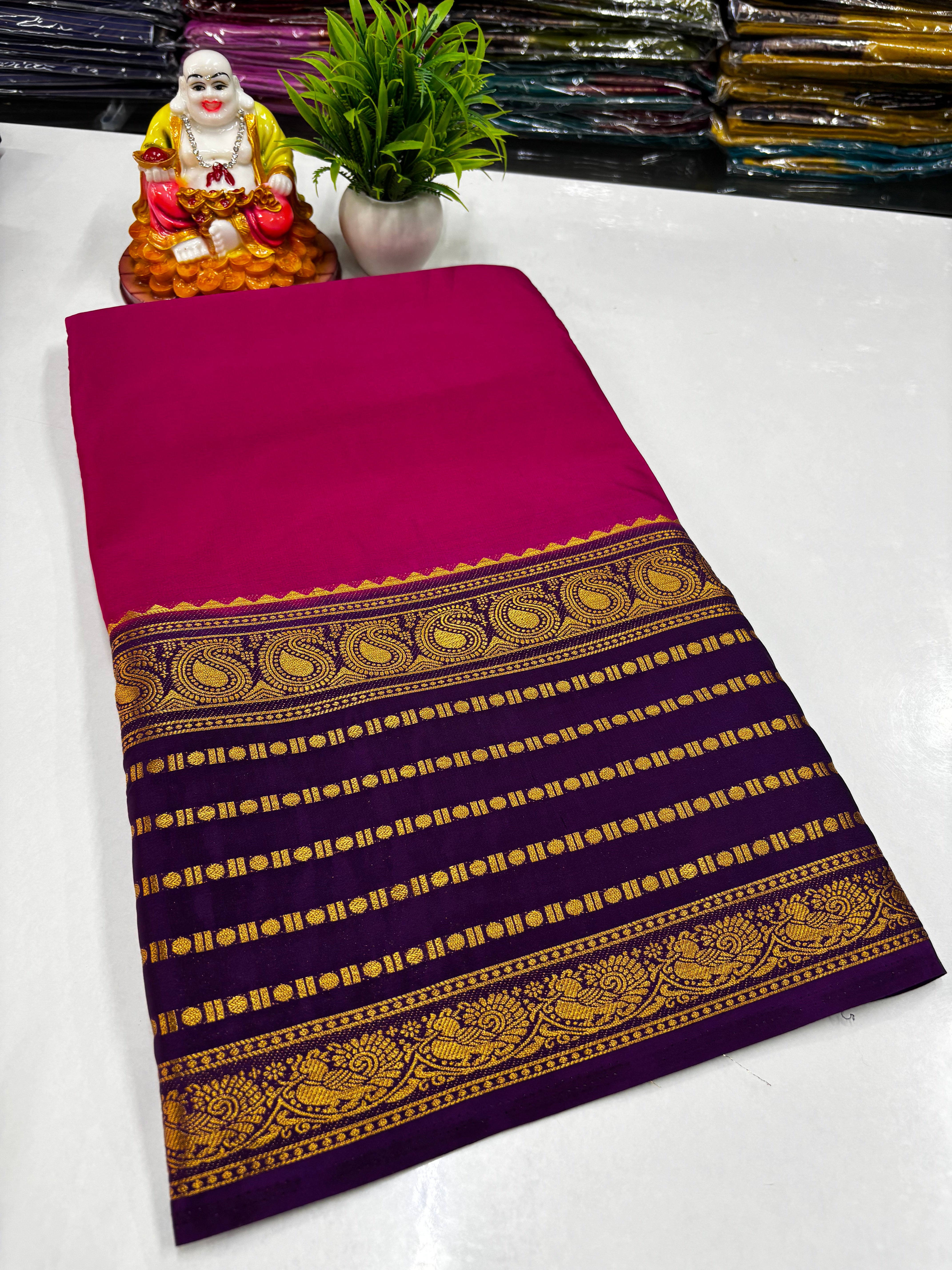 🌸 Mysore Crepe Silk Saree with Mango &amp; Peacock Border 🌸