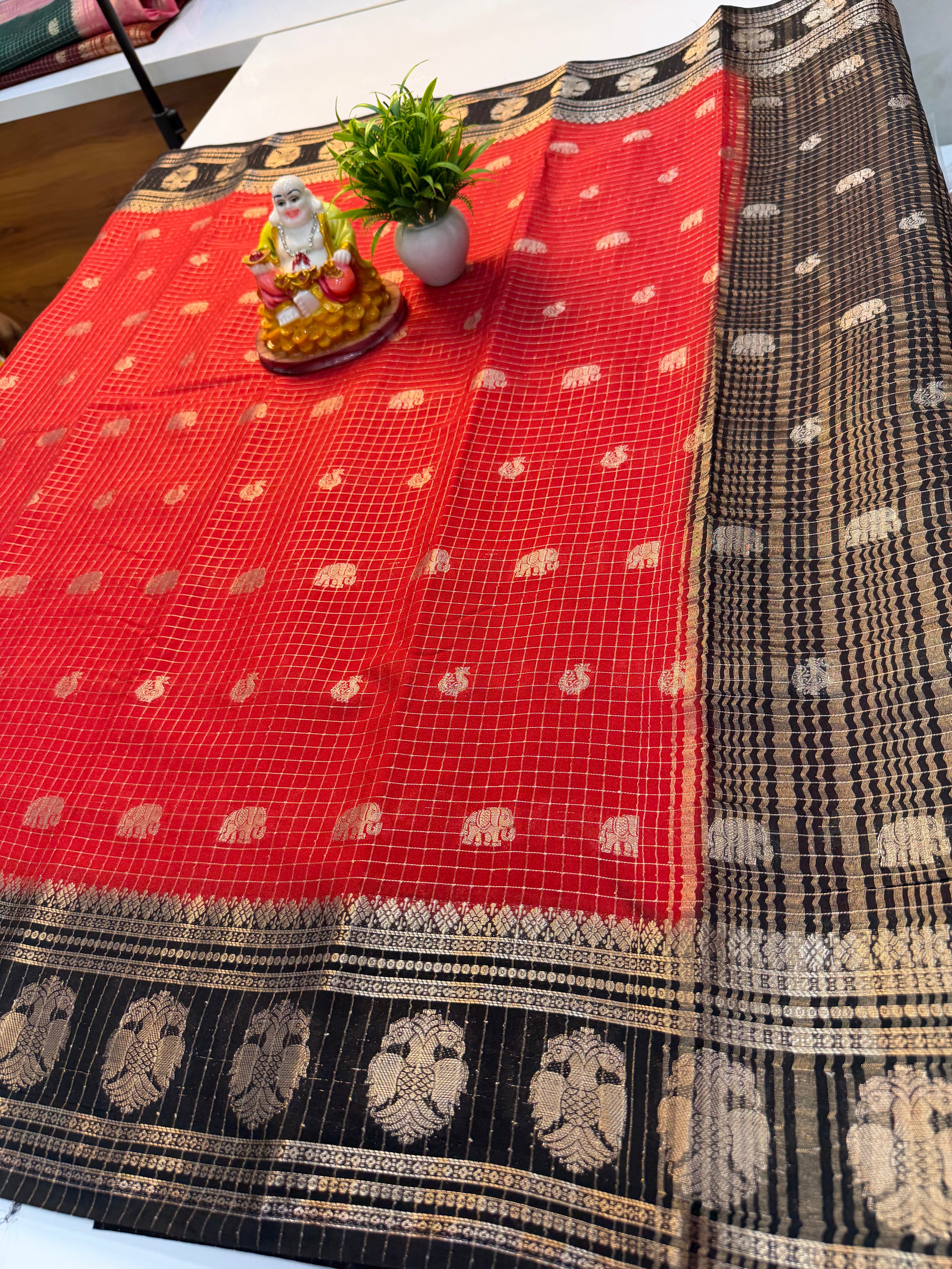 Mysore Crepe Silk Saree with Peacock Buttas & Ganda Berunda Design…
