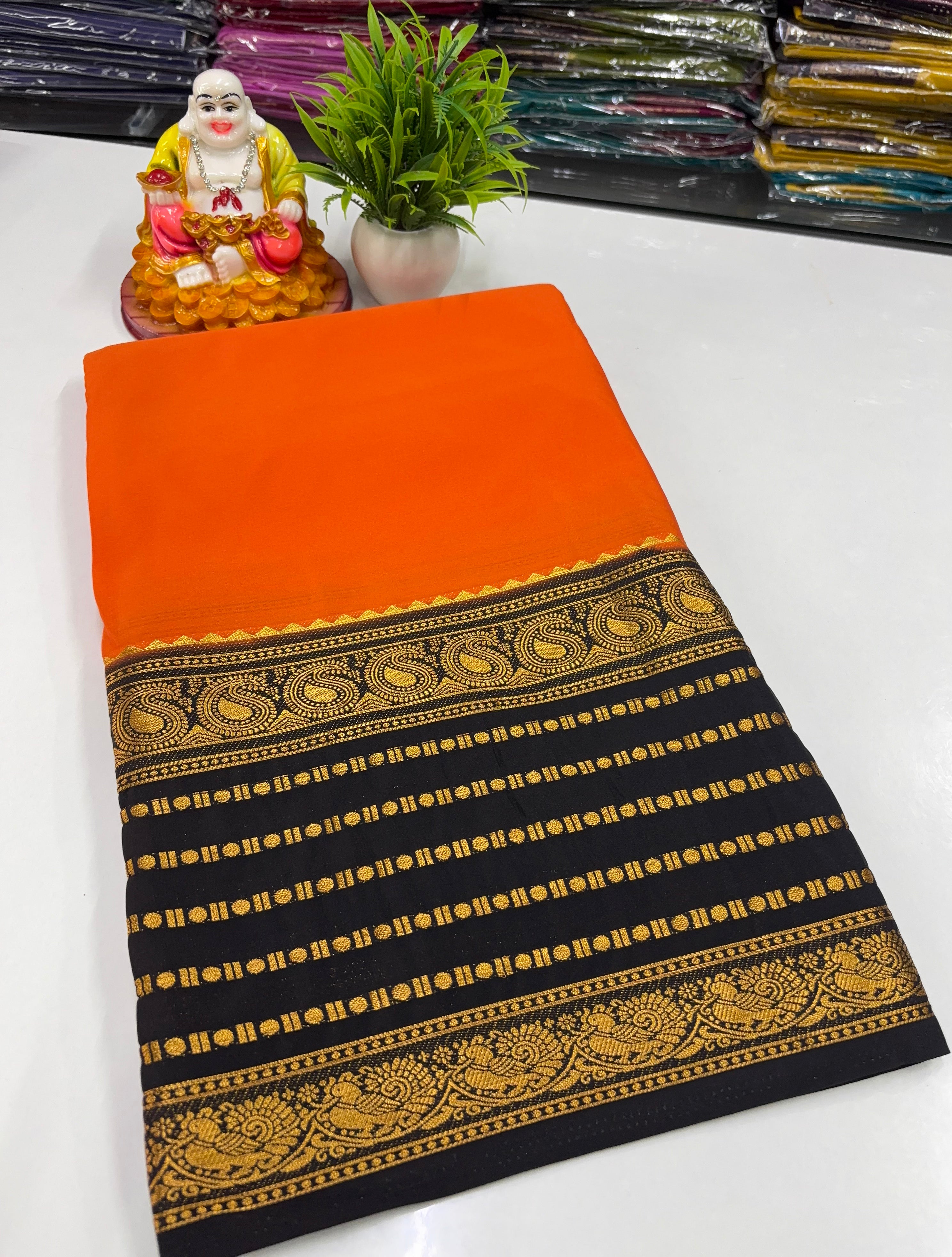 🌸 Mysore Crepe Silk Saree with Mango &amp; Peacock Border 🌸