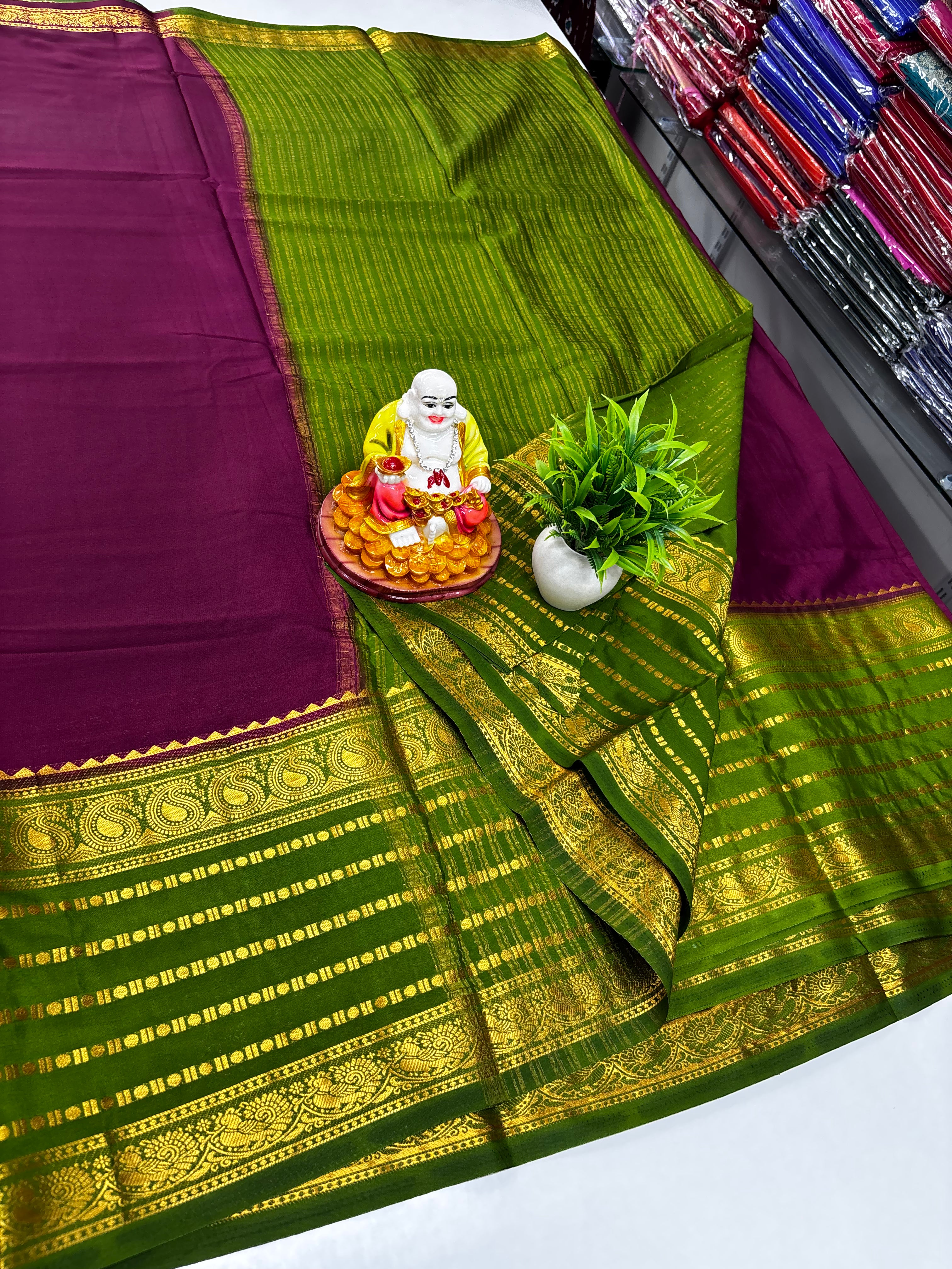🌸 Mysore Crepe Silk Saree with Mango &amp; Peacock Border 🌸