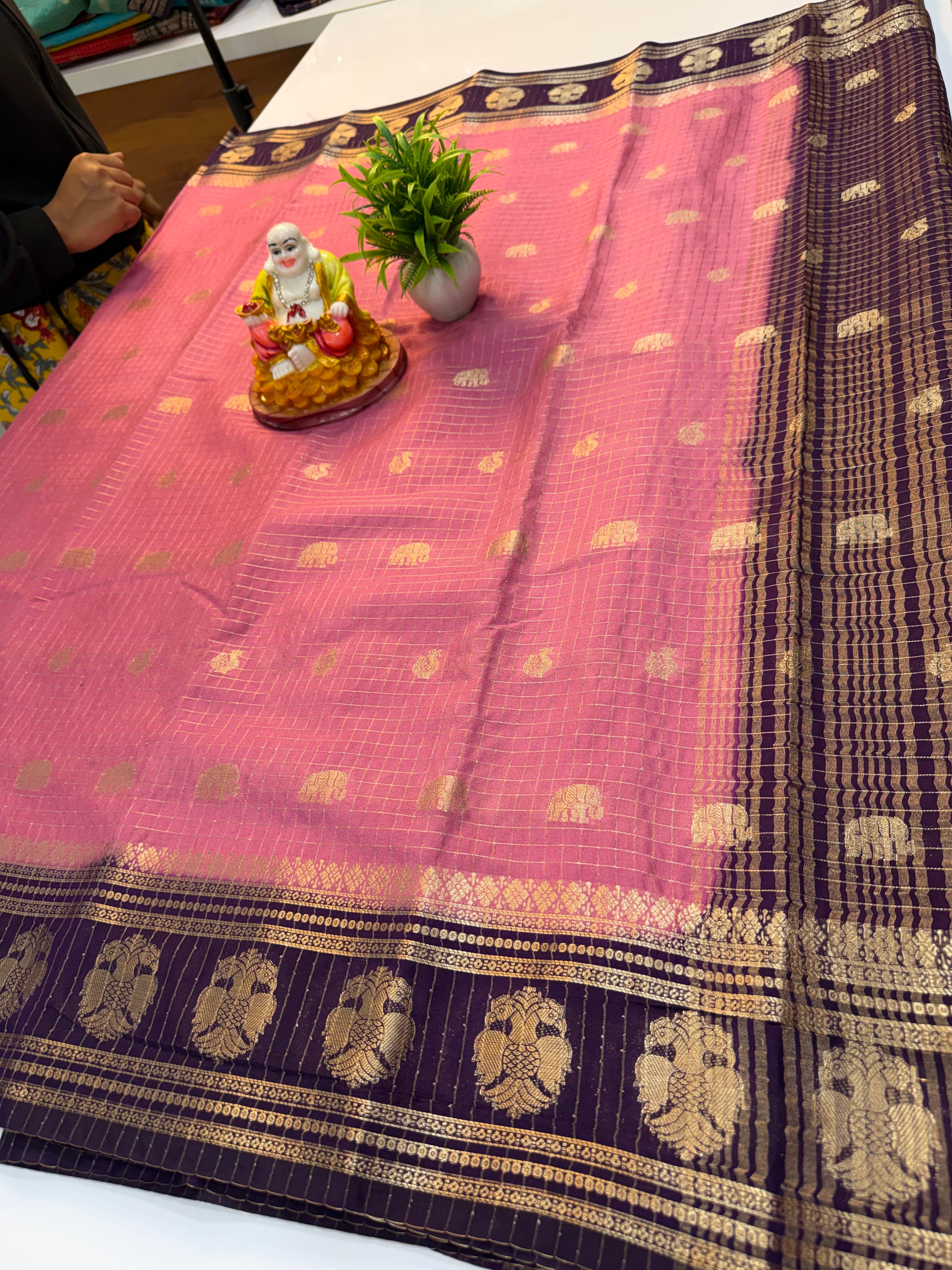 Mysore Crepe Silk Saree with Checks & Elephant-Peacock Buttas…….