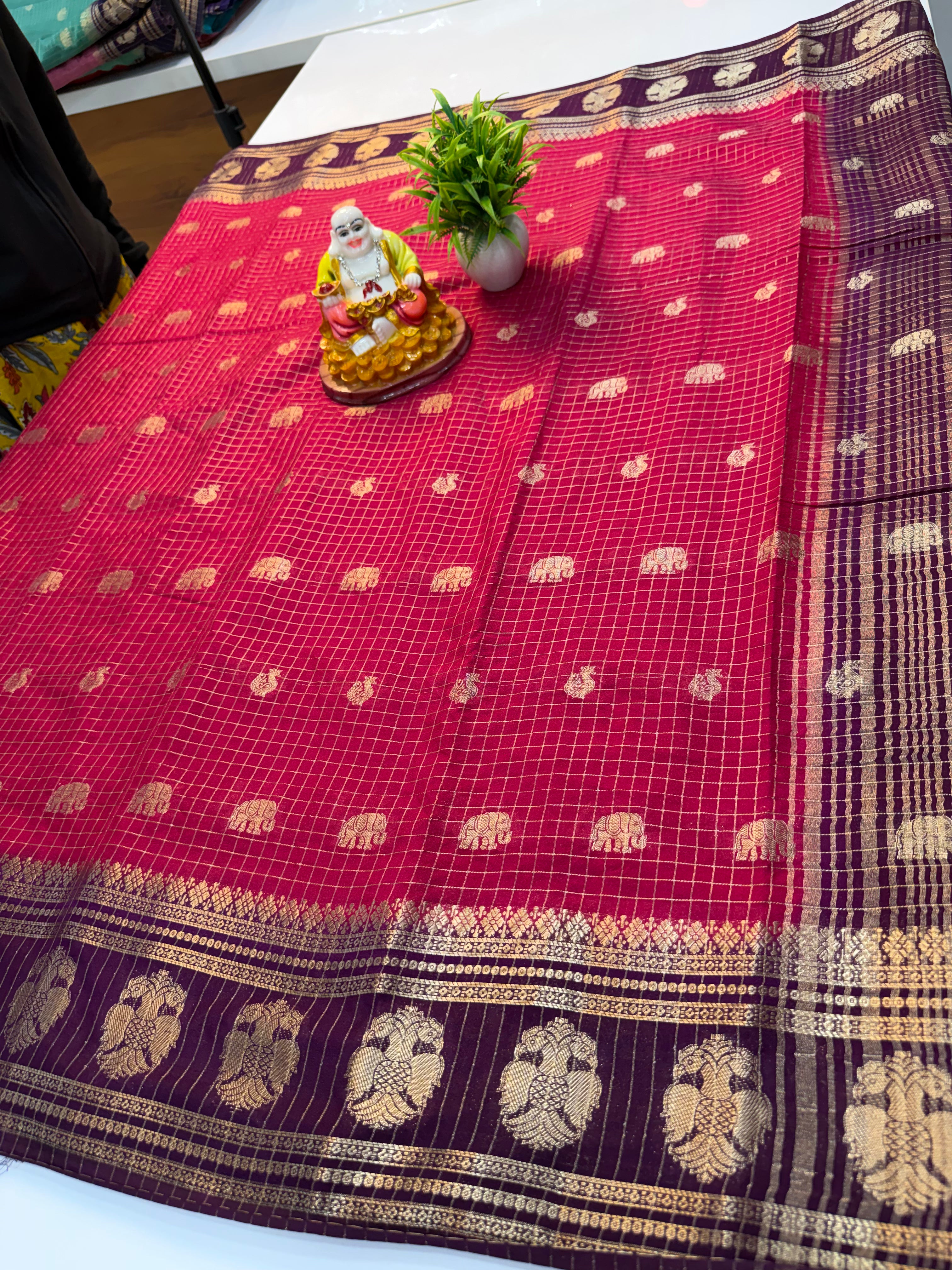 Mysore Crepe Silk Saree with Checks & Elephant-Peacock Buttas…….