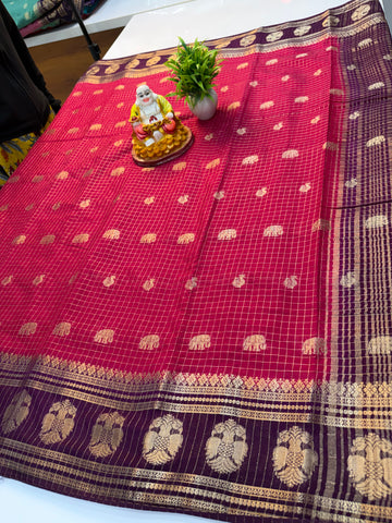 Mysore Crepe Silk Saree with Checks & Elephant-Peacock Buttas…….