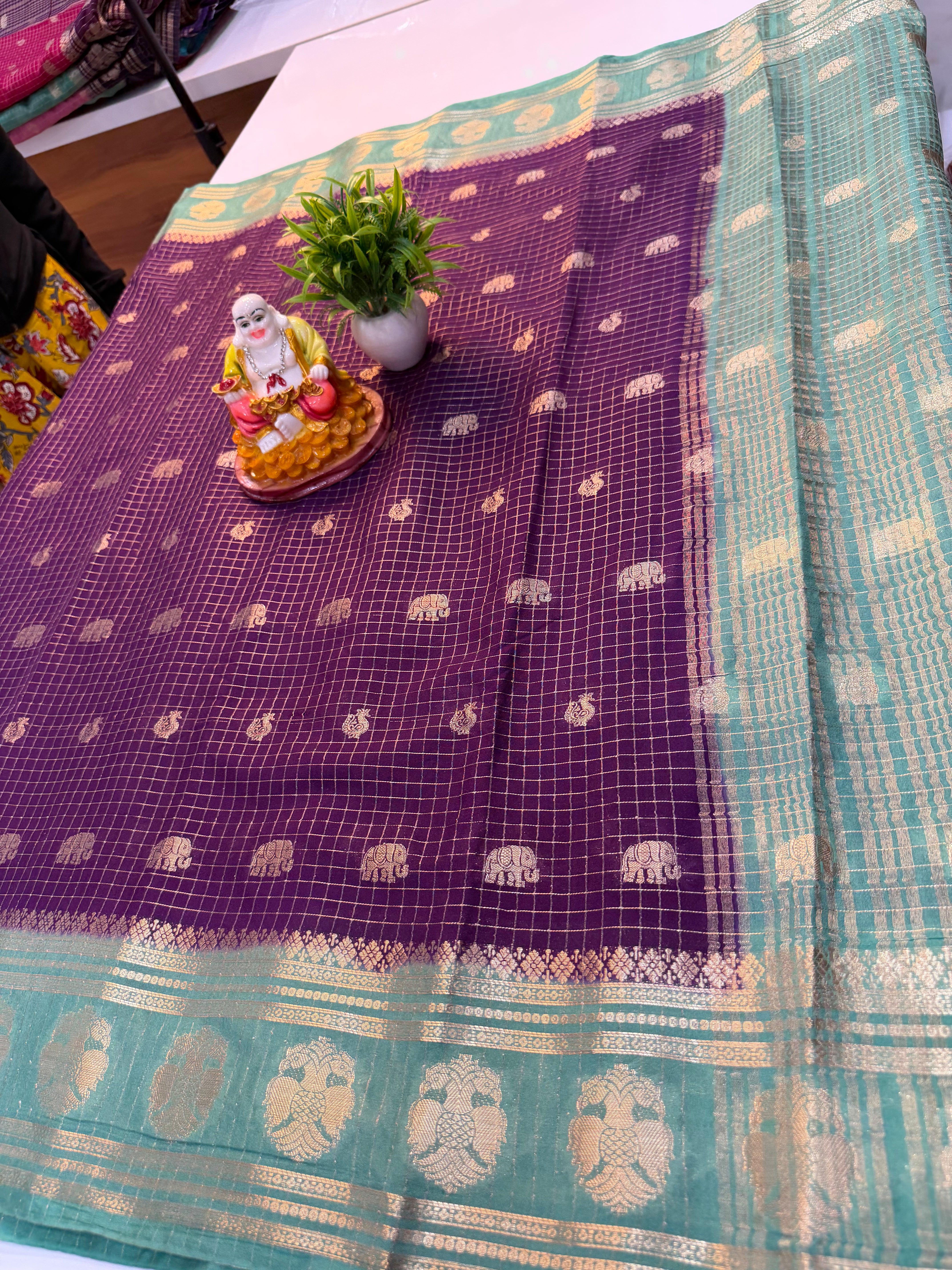 Mysore Crepe Silk Saree with Checks & Elephant-Peacock Buttas…….