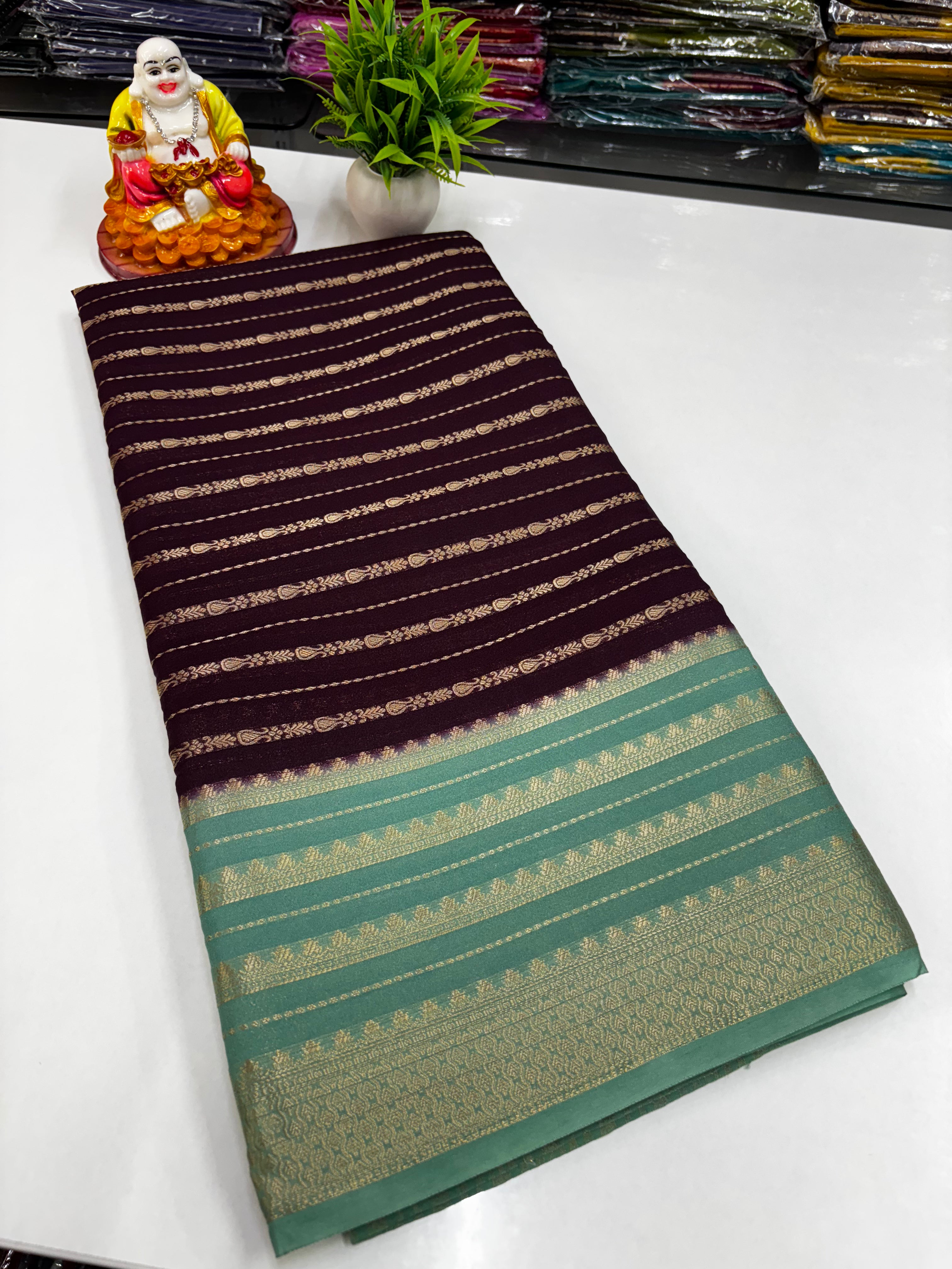 Mysore Crepe Silk Saree with Stripes & Rich Pallu