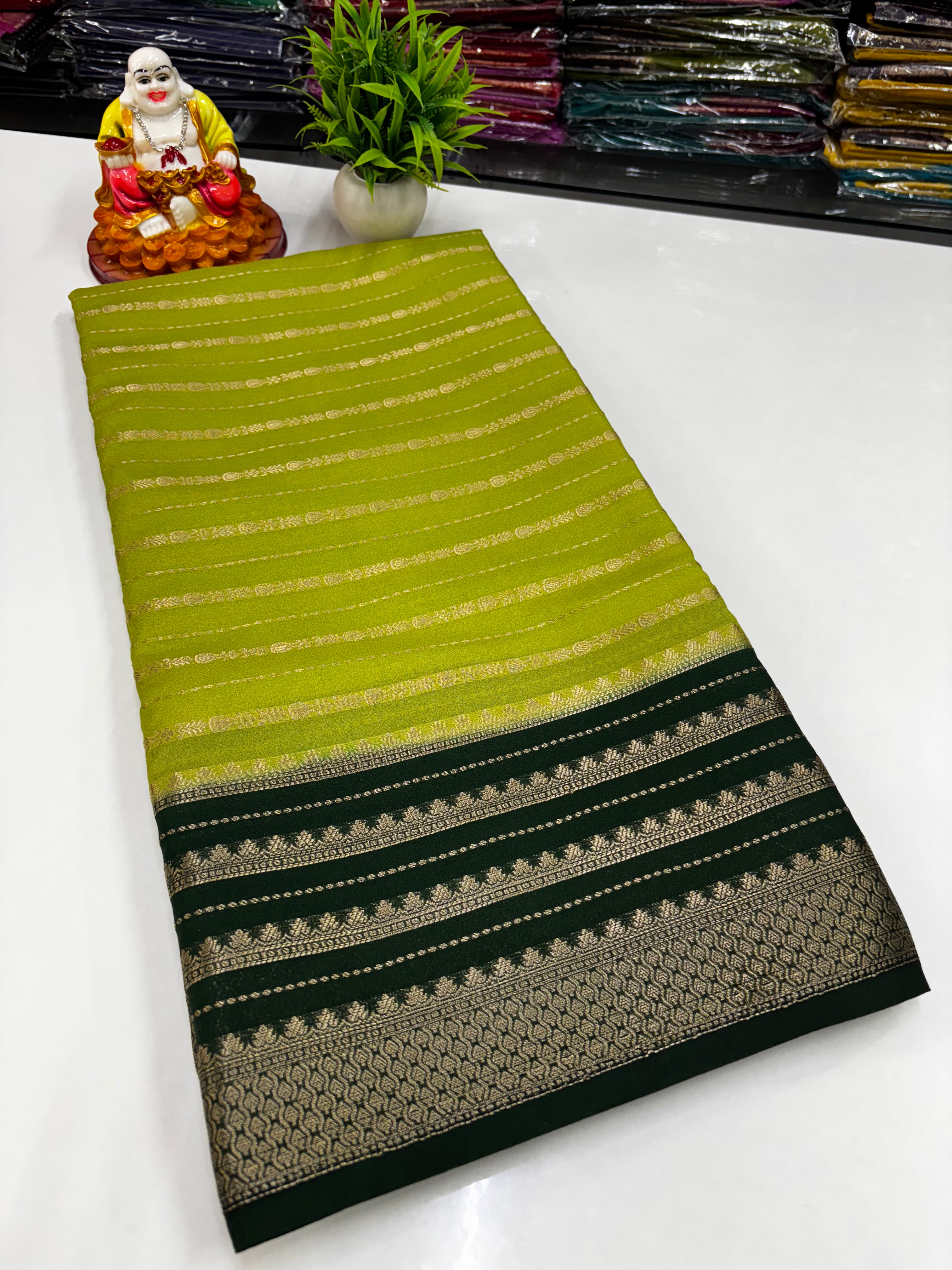 Mysore Crepe Silk Saree with Stripes & Rich Pallu