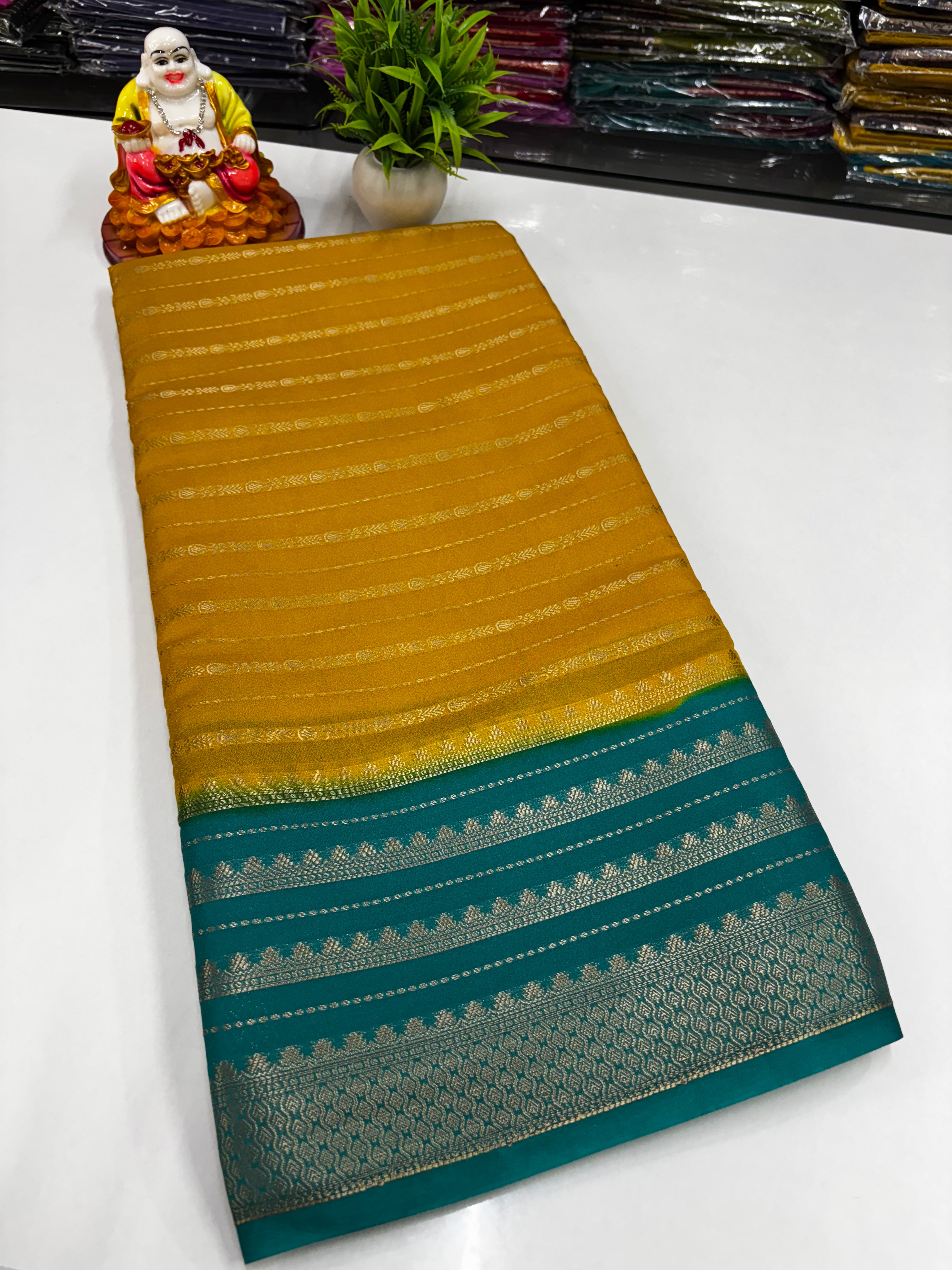 Mysore Crepe Silk Saree with Stripes & Rich Pallu