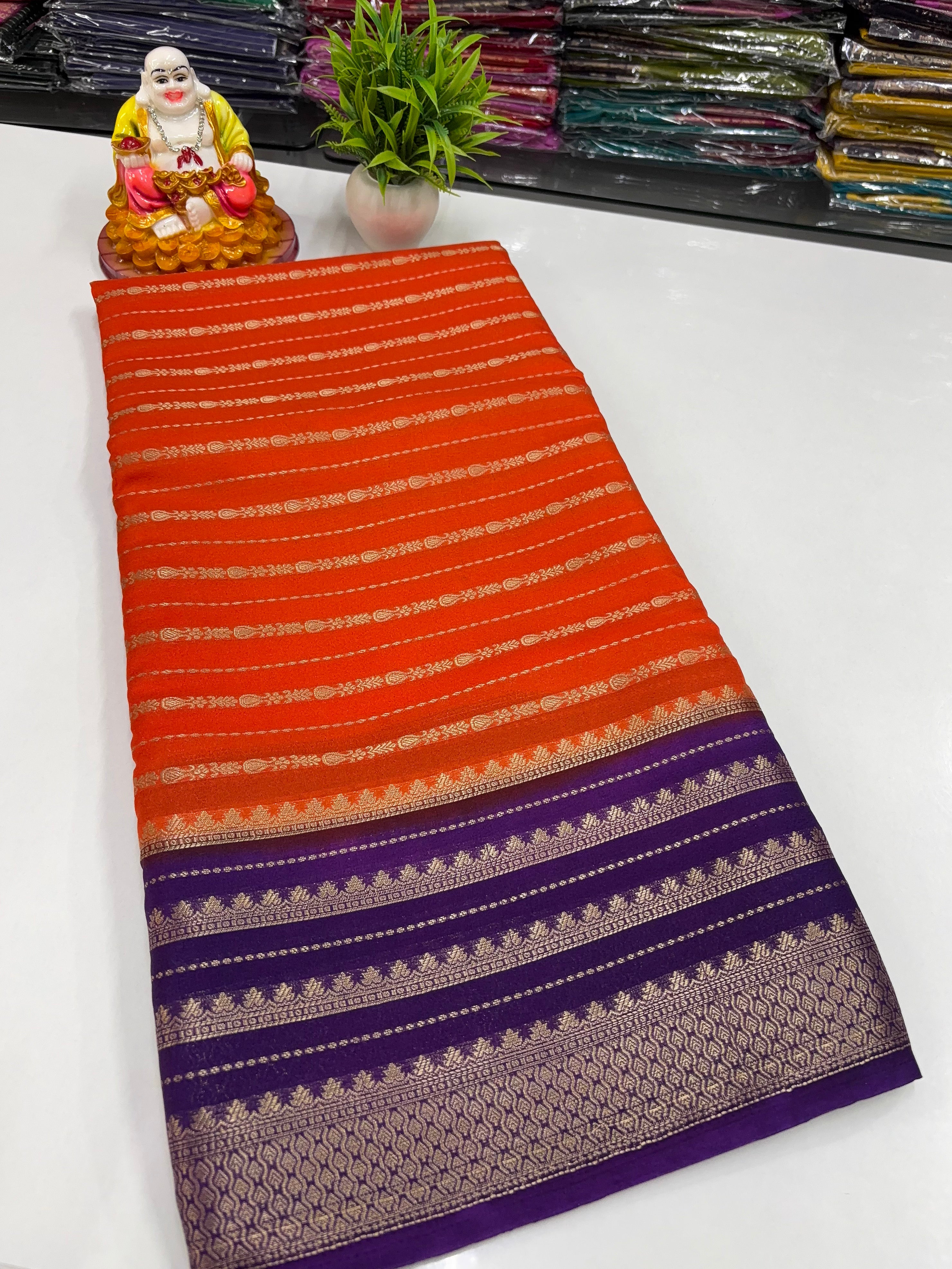 Mysore Crepe Silk Saree with Stripes & Rich Pallu