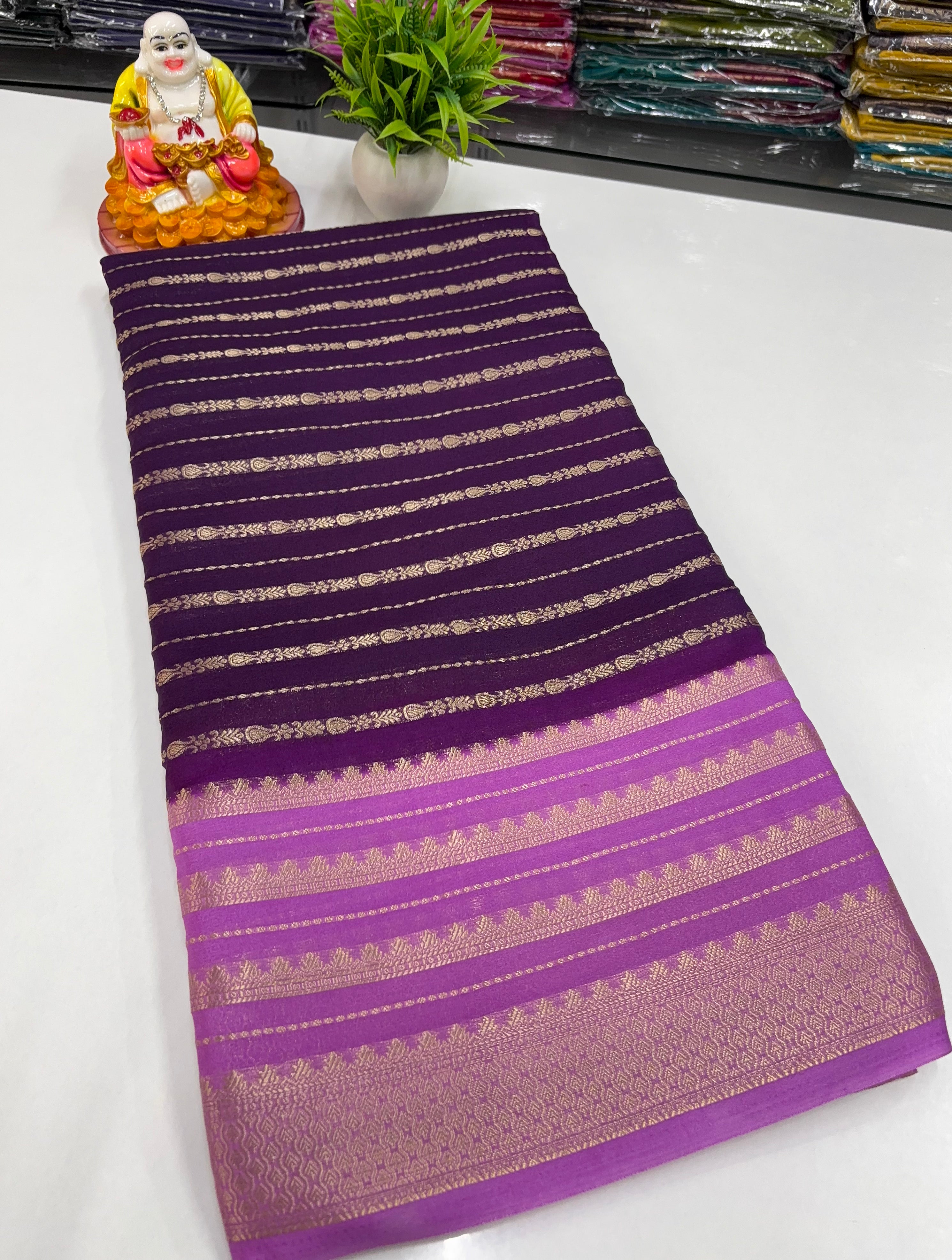 Mysore Crepe Silk Saree with Stripes & Rich Pallu