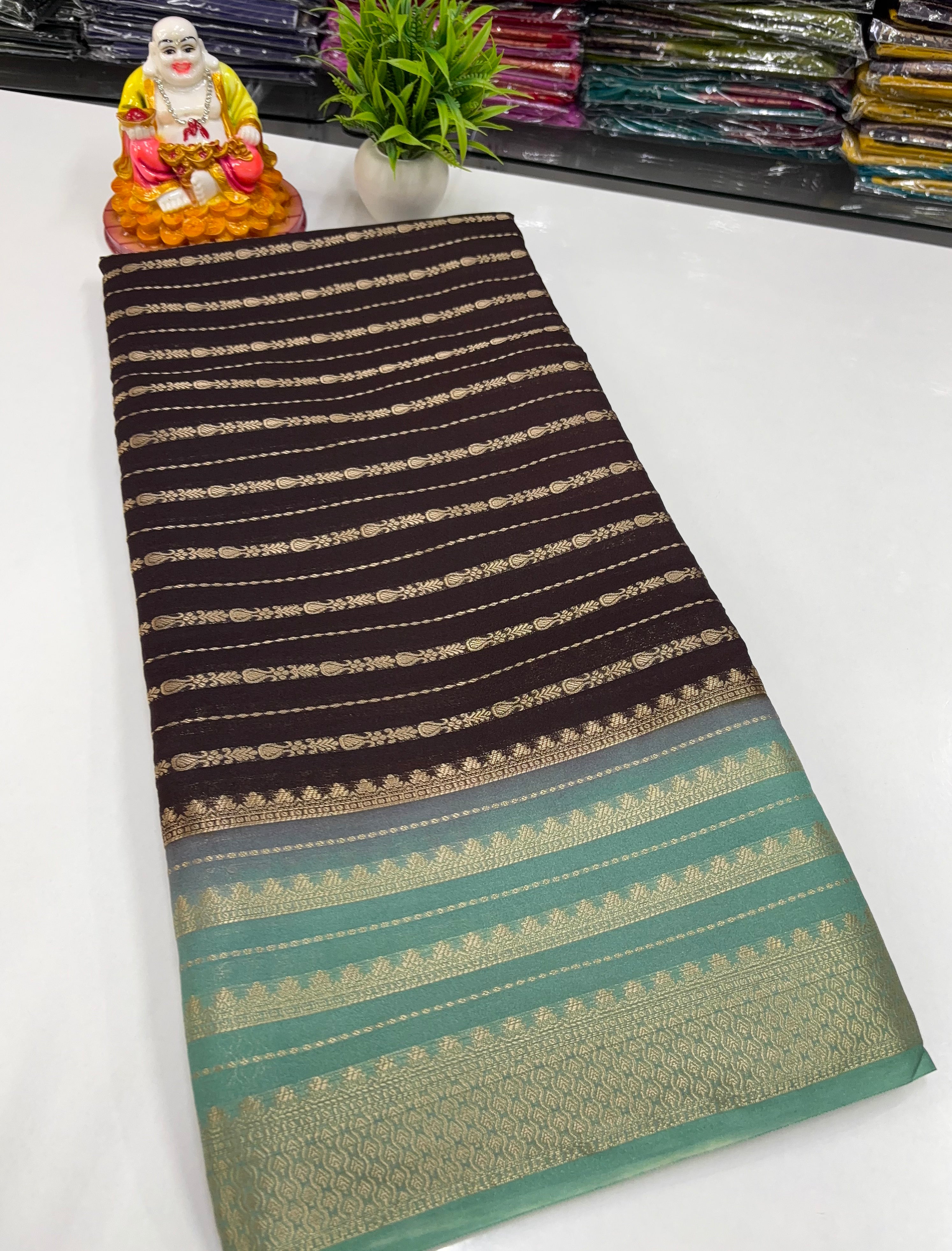 Mysore Crepe Silk Saree with Stripes & Rich Pallu