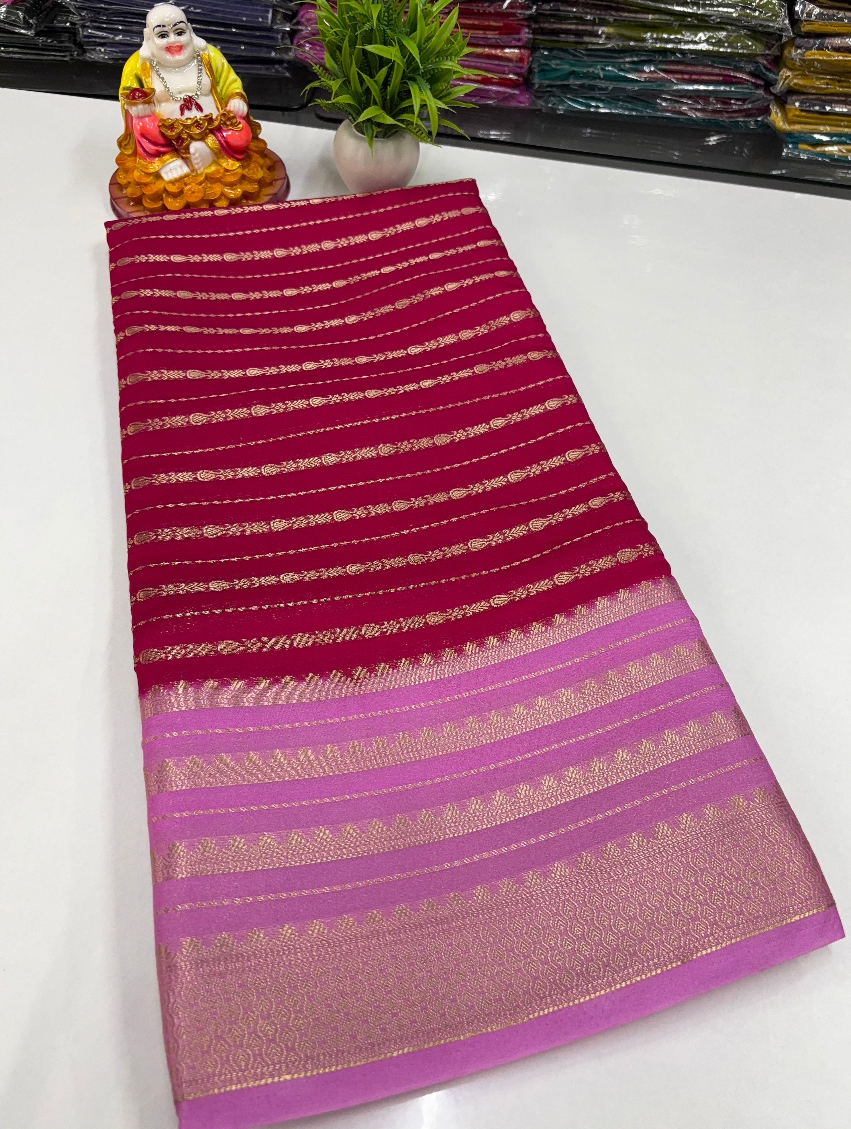 Mysore Crepe Silk Saree with Stripes & Rich Pallu