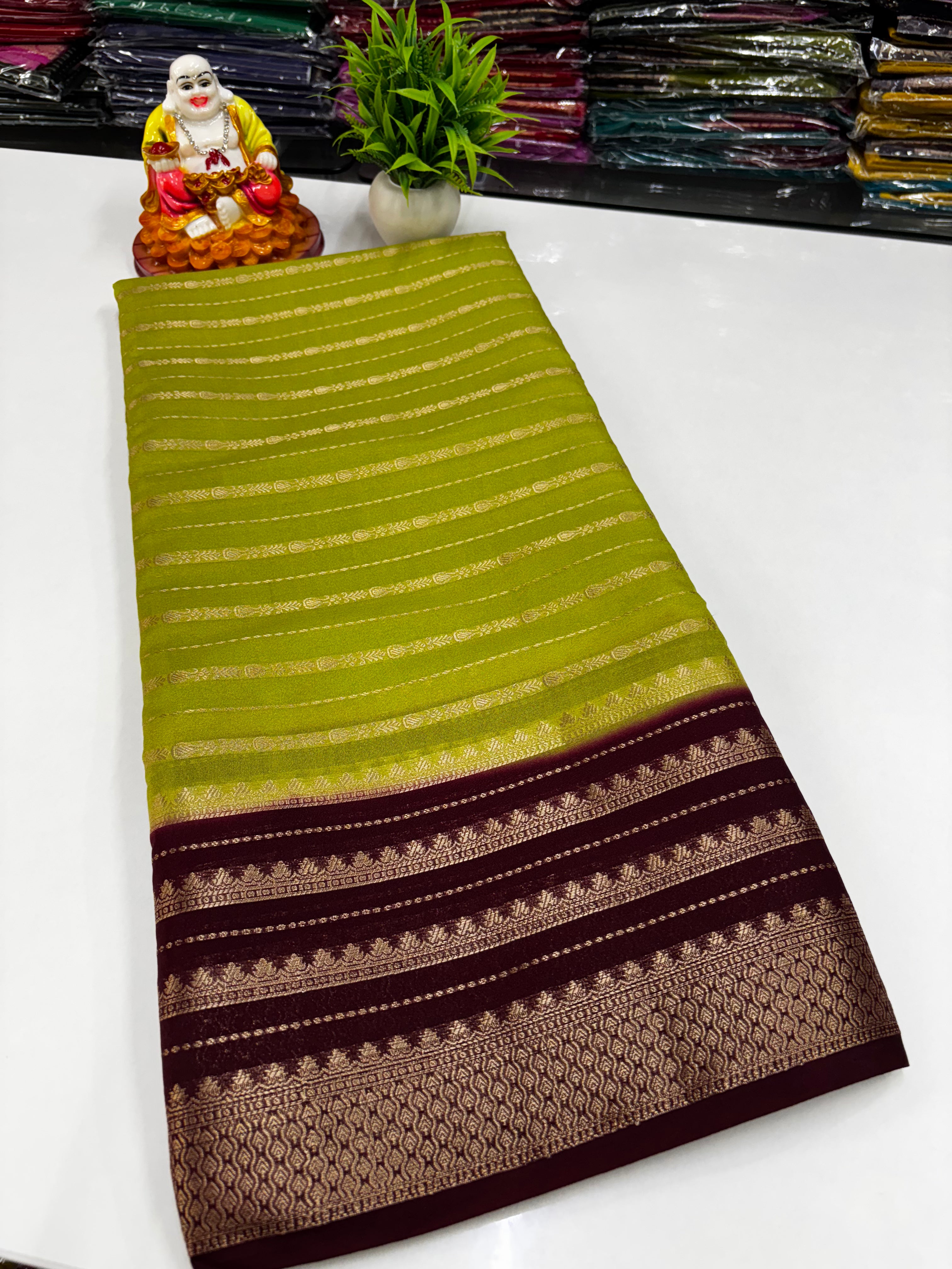Mysore Crepe Silk Saree with Stripes & Rich Pallu