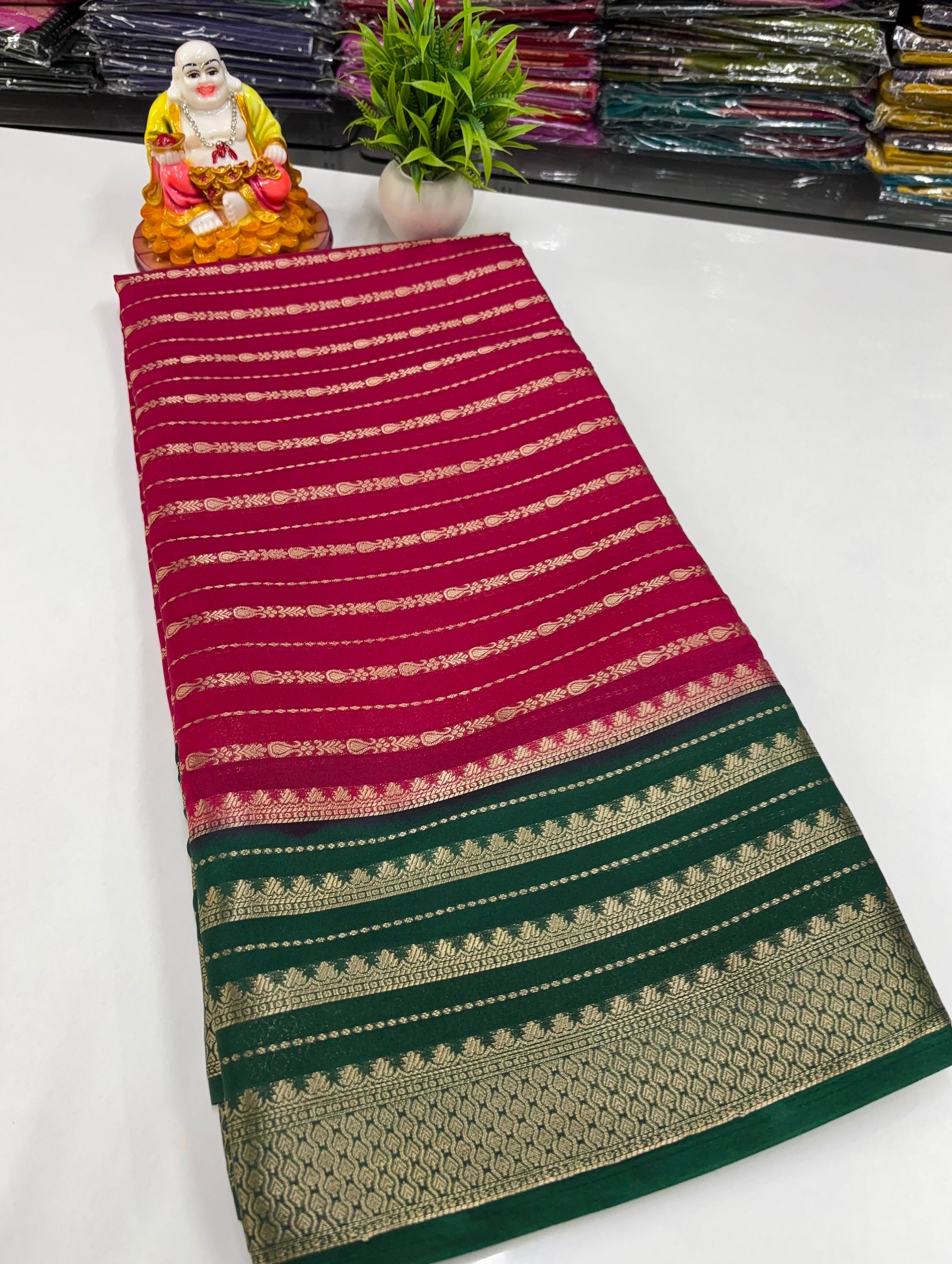 Mysore Crepe Silk Saree with Stripes & Rich Pallu