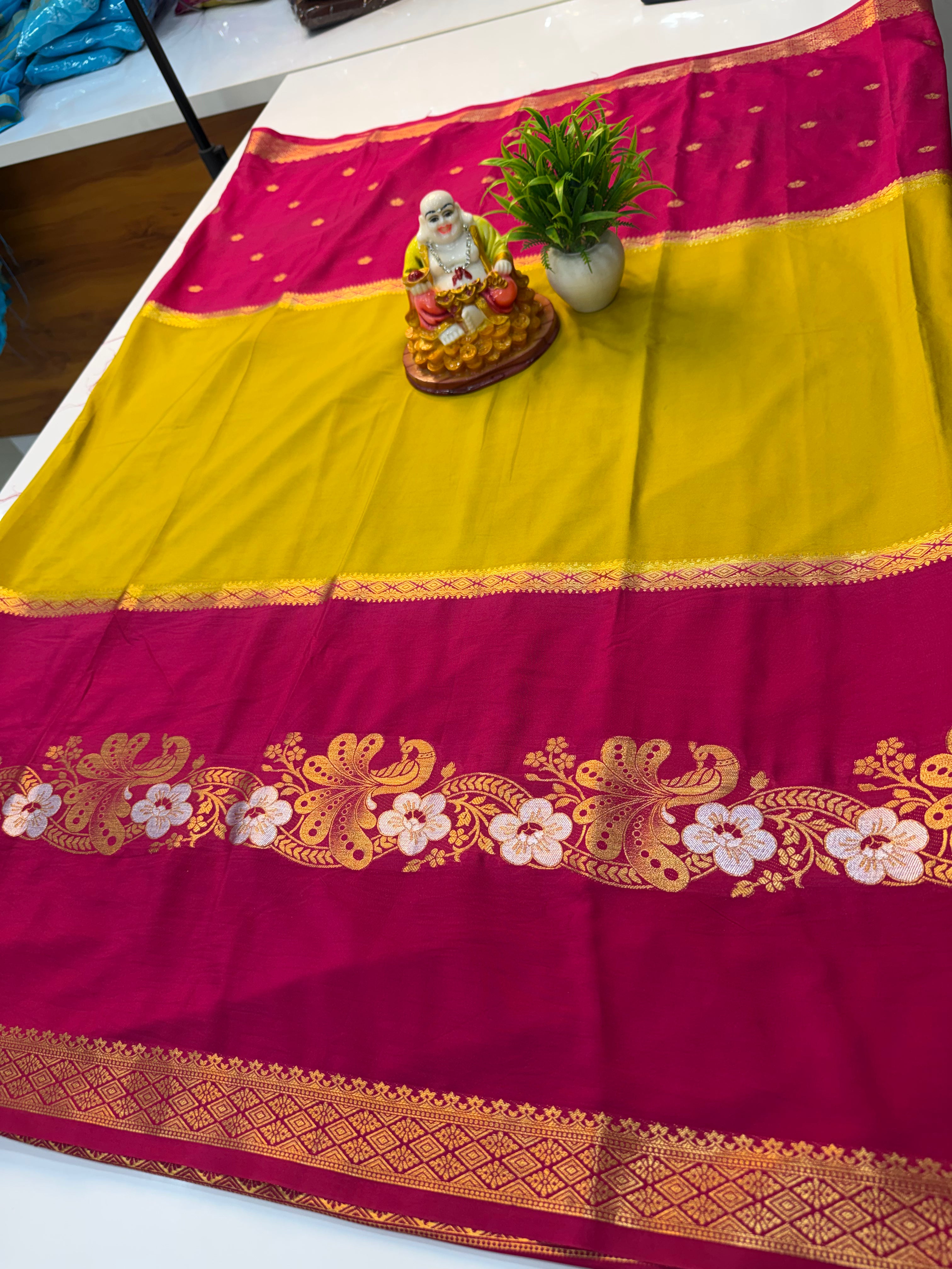 Mysore Crepe Silk Saree with Butta & Peacock Design…..