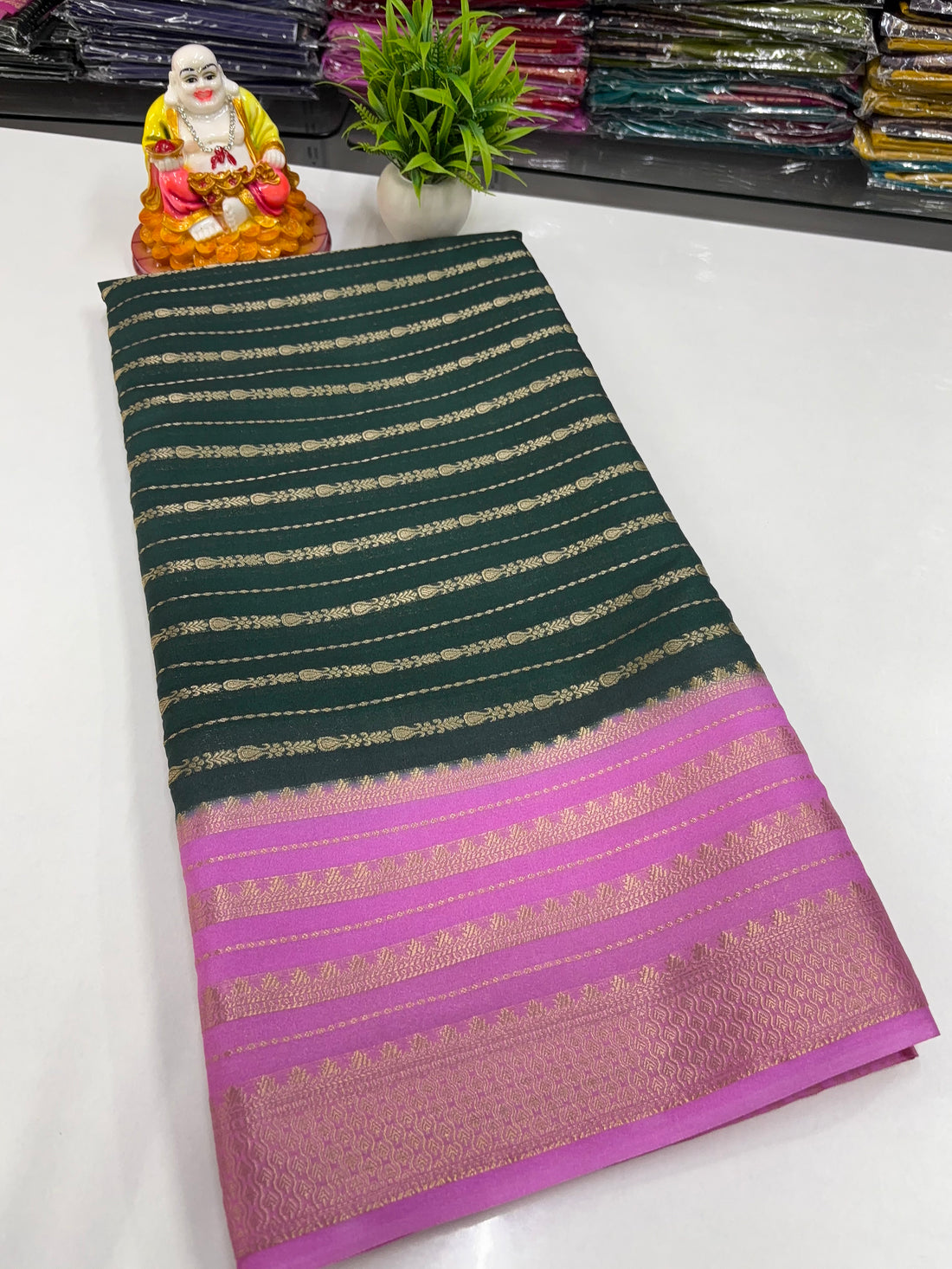Mysore Crepe Silk Saree with Stripes & Rich Pallu