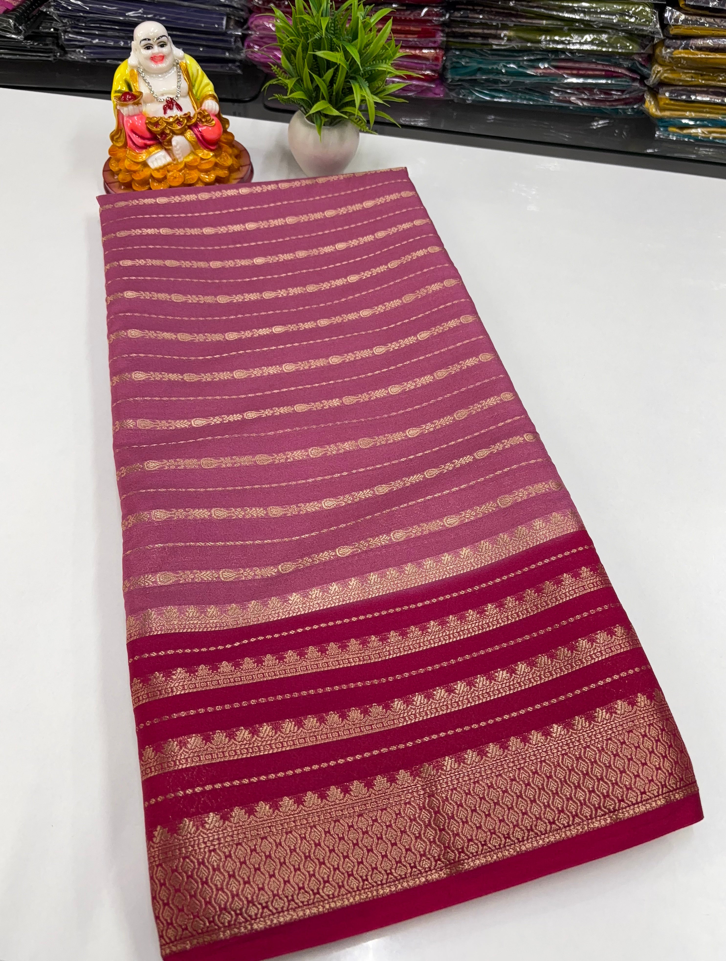 Mysore Crepe Silk Saree with Stripes & Rich Pallu