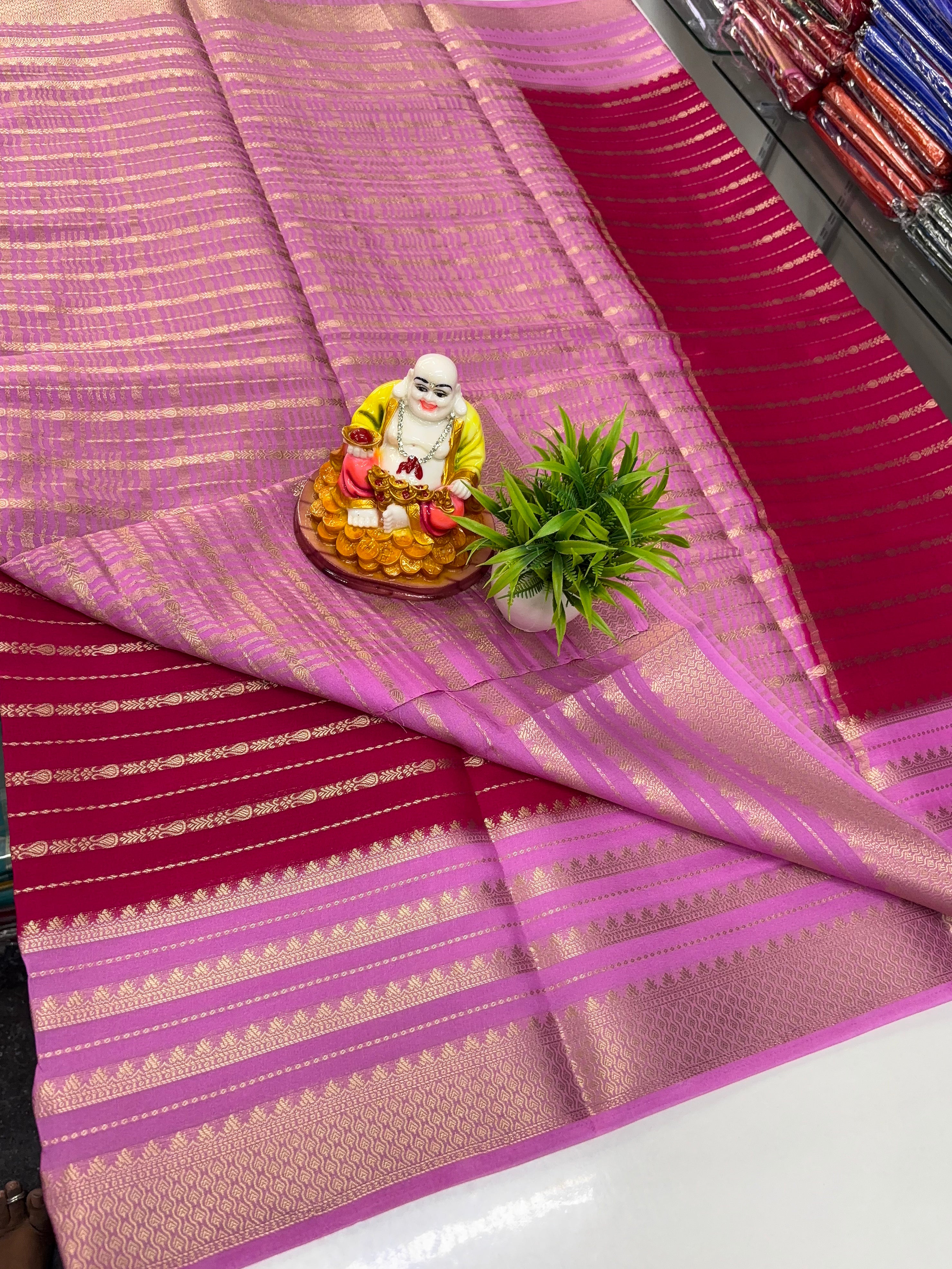 Mysore Crepe Silk Saree with Stripes & Rich Pallu