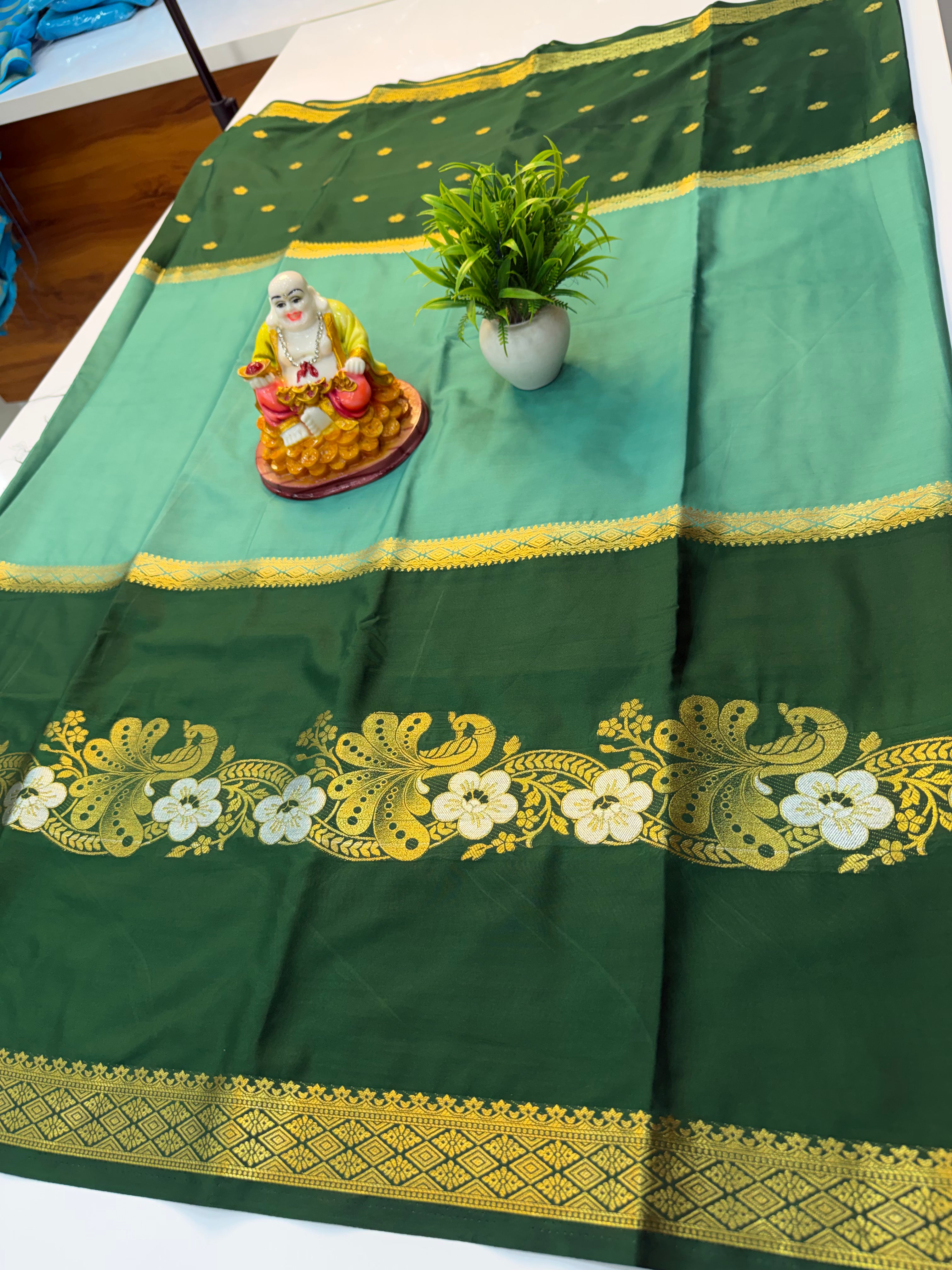 Mysore Crepe Silk Saree with Butta & Peacock Design…..