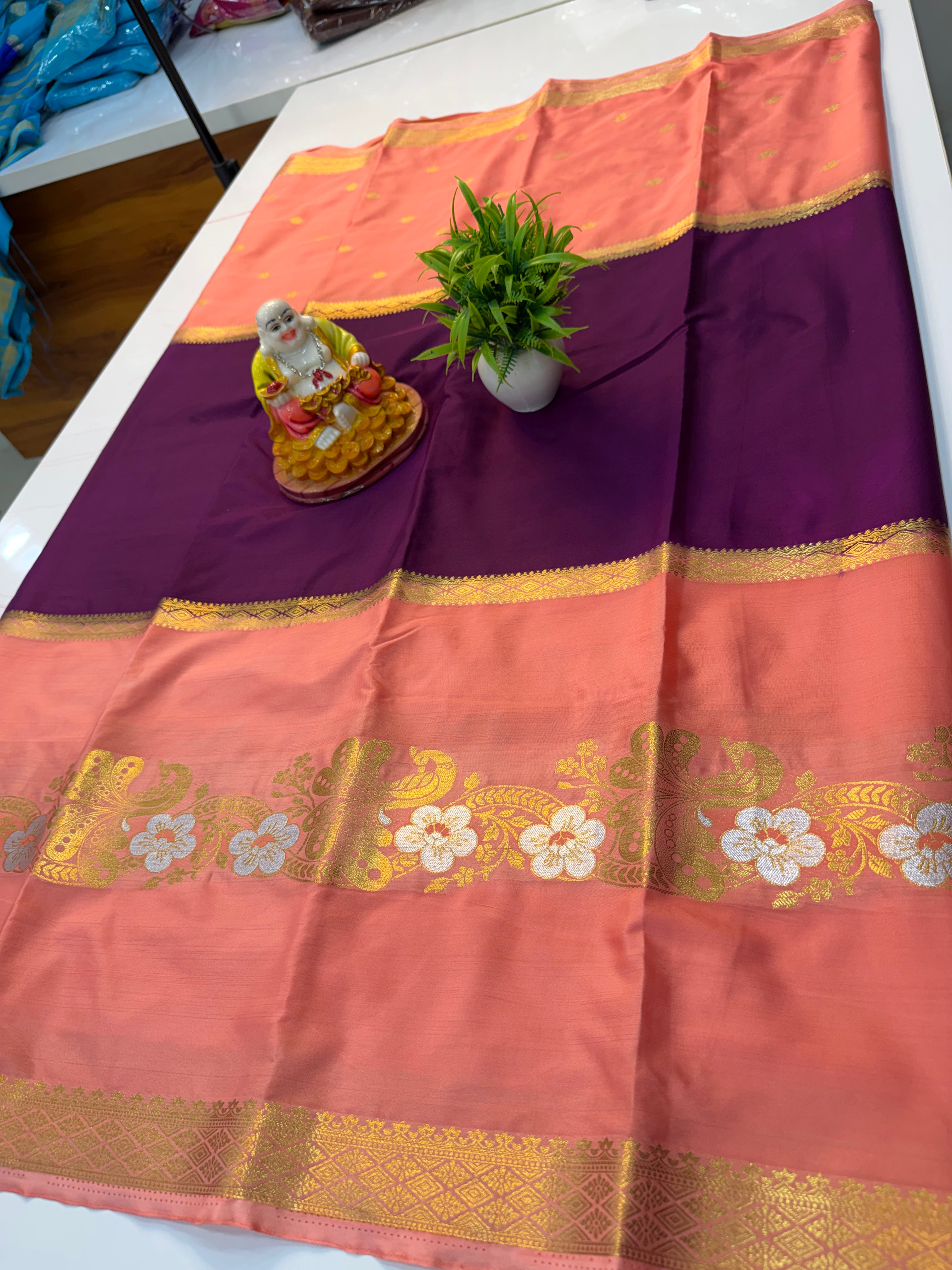 Mysore Crepe Silk Saree with Butta & Peacock Design…..