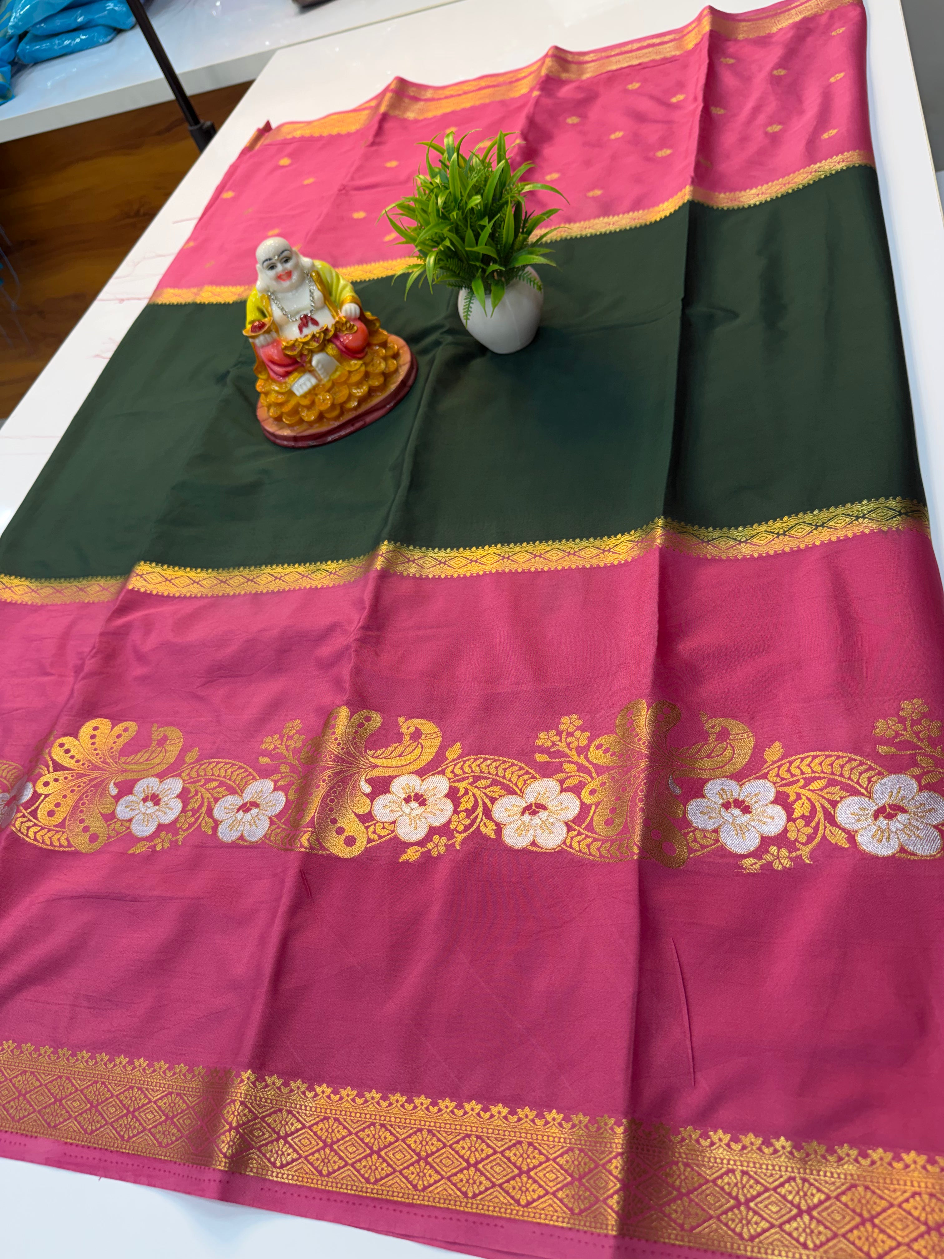 Mysore Crepe Silk Saree with Butta & Peacock Design…..