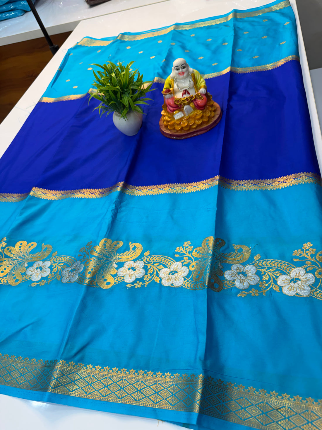 Mysore Crepe Silk Saree with Butta & Peacock Design…..
